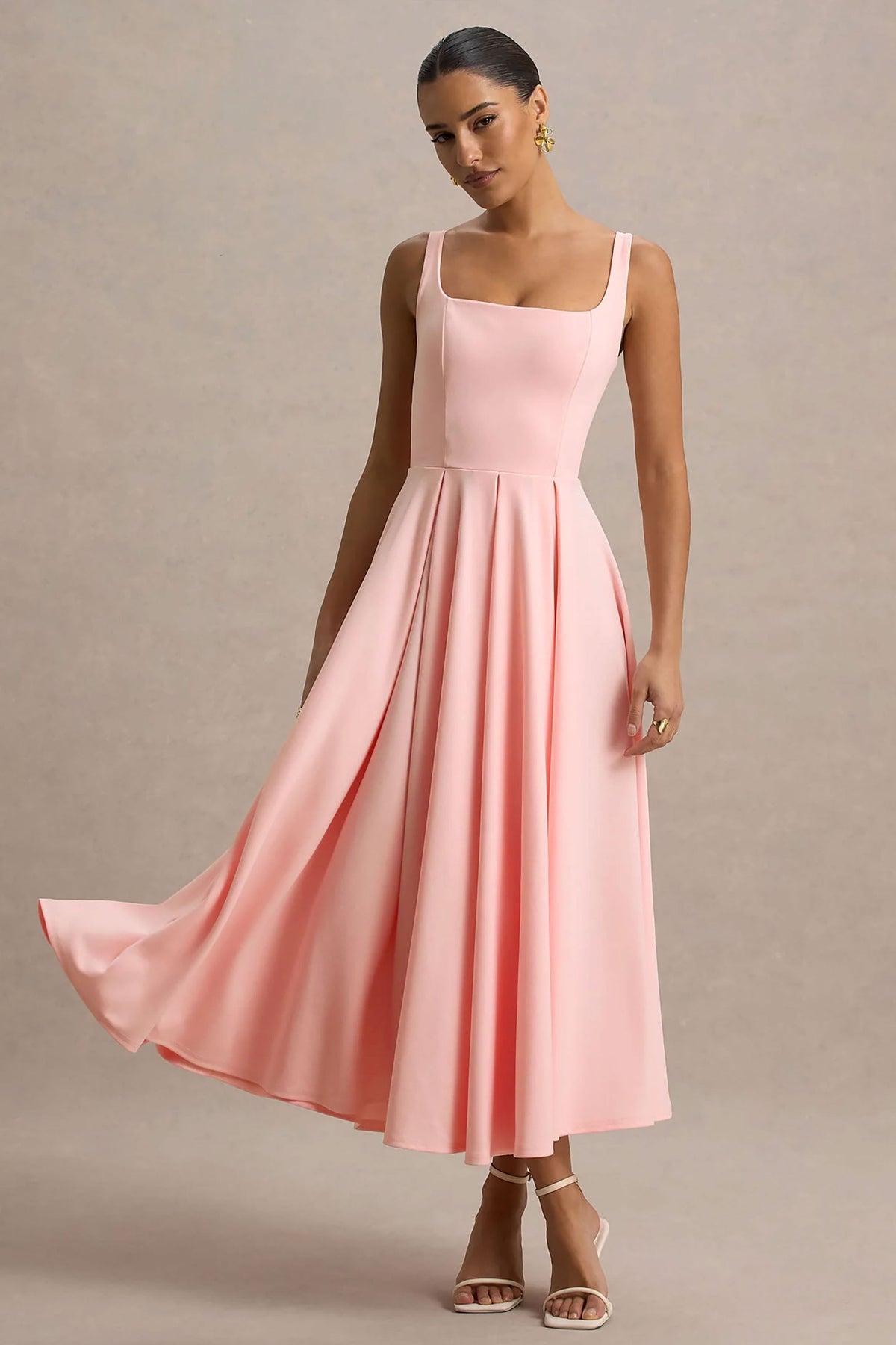 Parina | Pink Scuba Square Neck A-Line Midi Dress