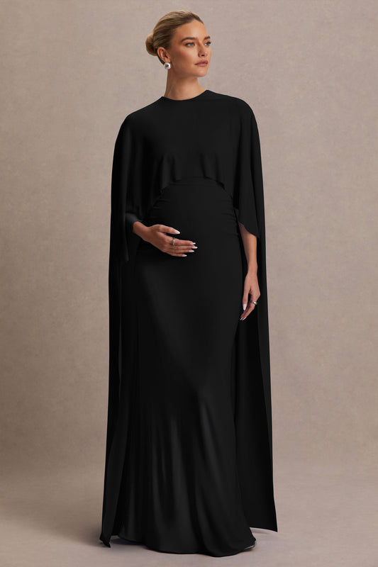Padma | Black Draped Maternity Maxi Dress With Cape Sleeves