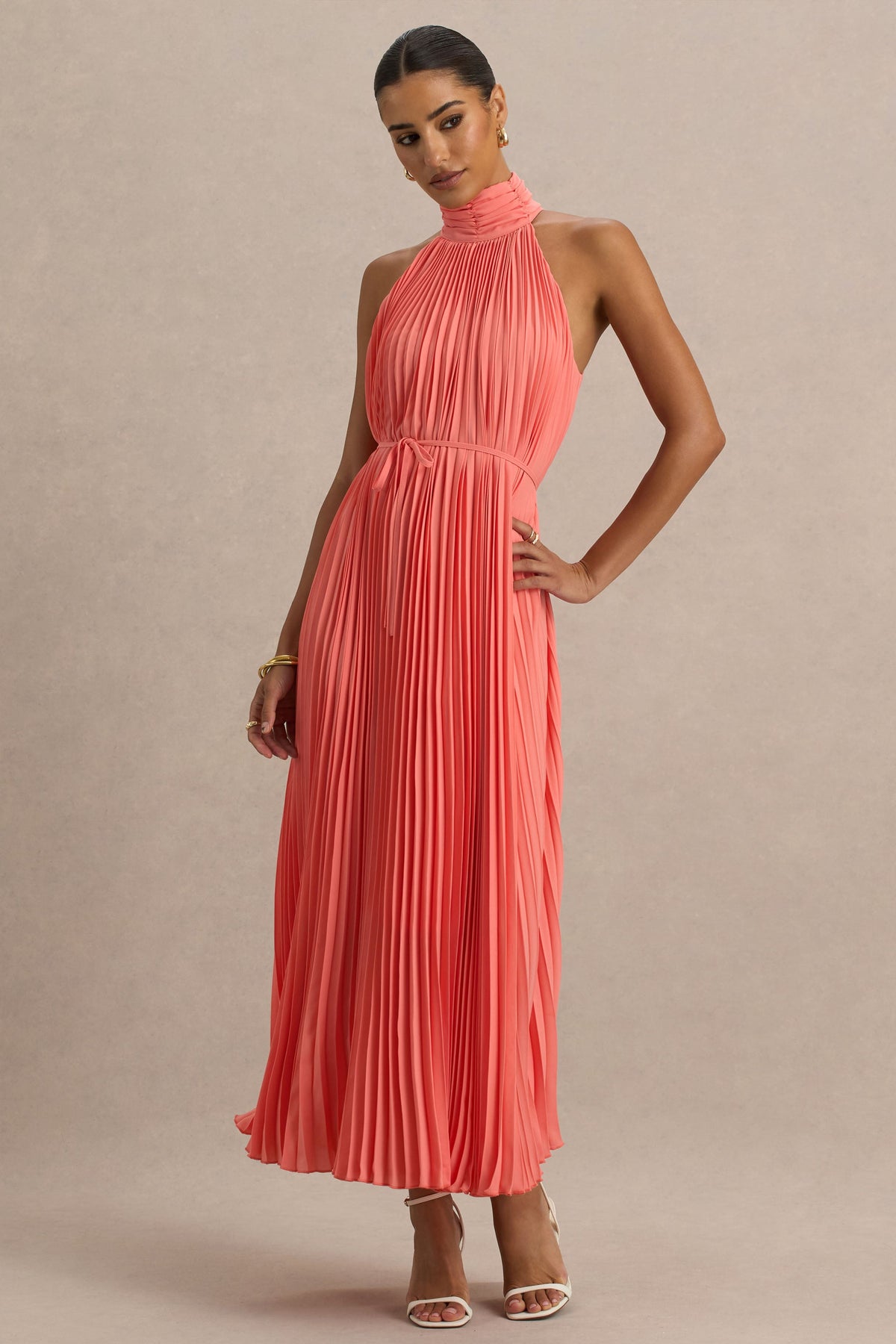 Tulip | Coral Pleated High-Neck Midi Dress
