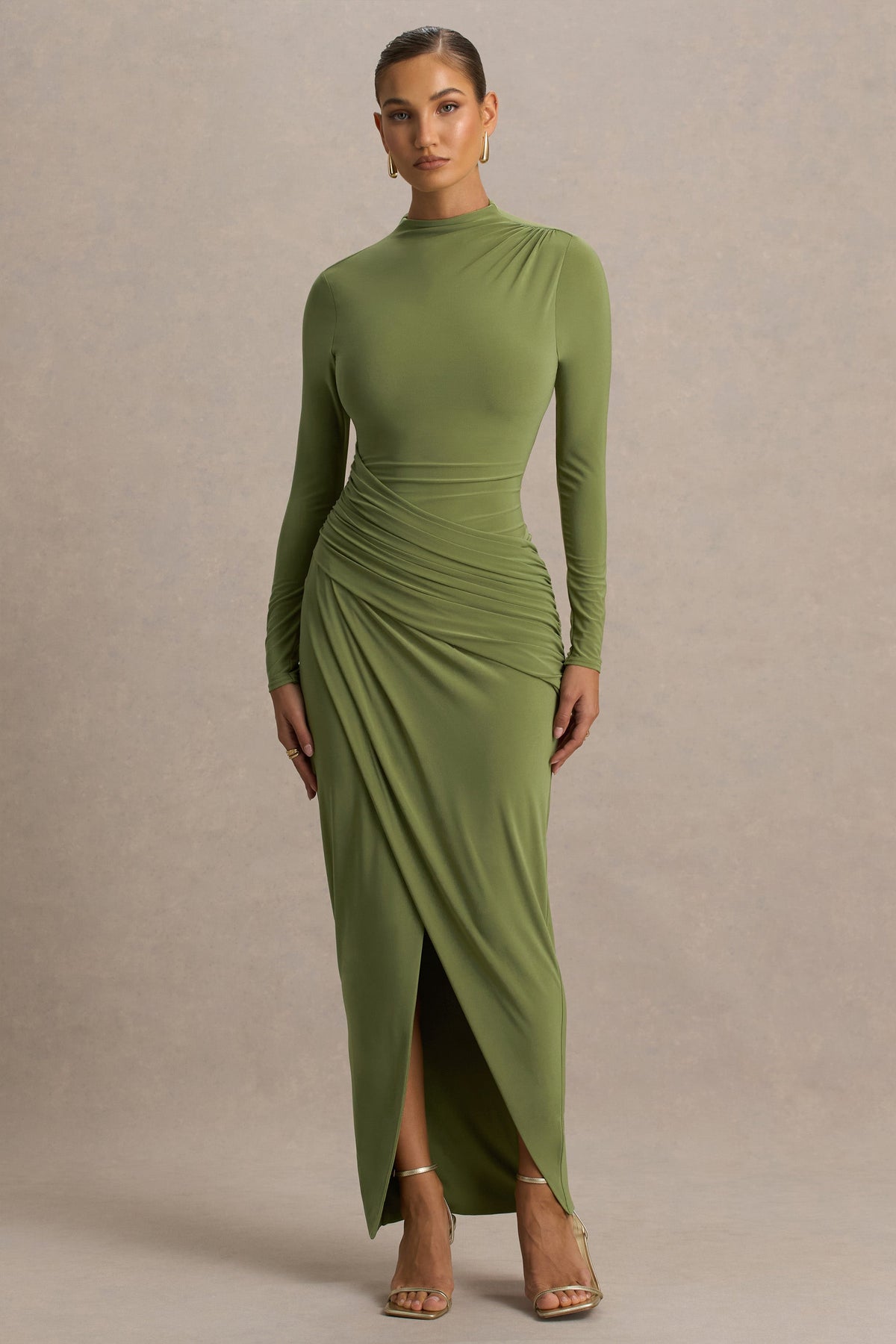 Zephyra | Olive High-Neck Wrapped Maxi Dress