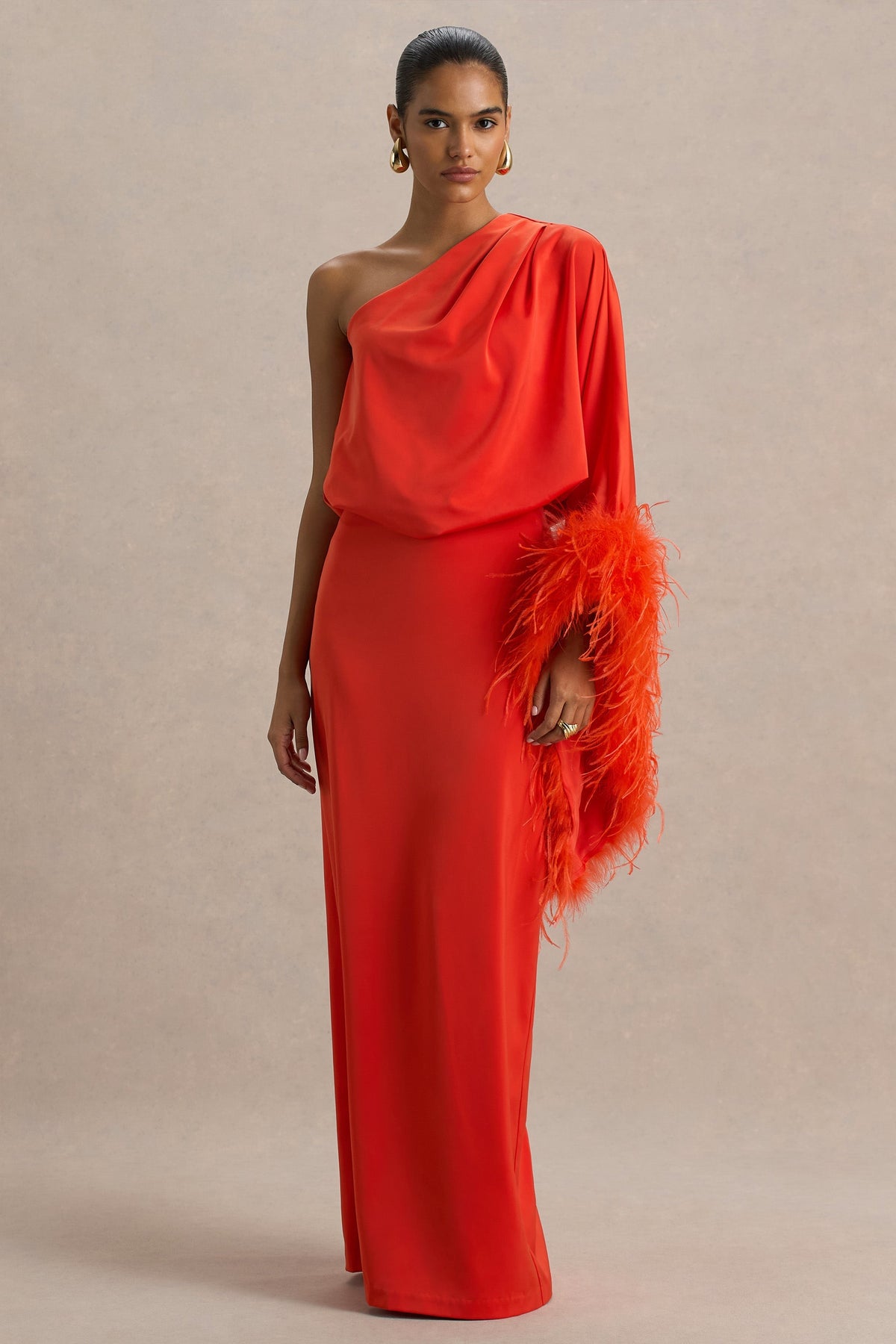 Felicity | Orange Satin Asymmetric-Neck Maxi Dress With Feather Detailing