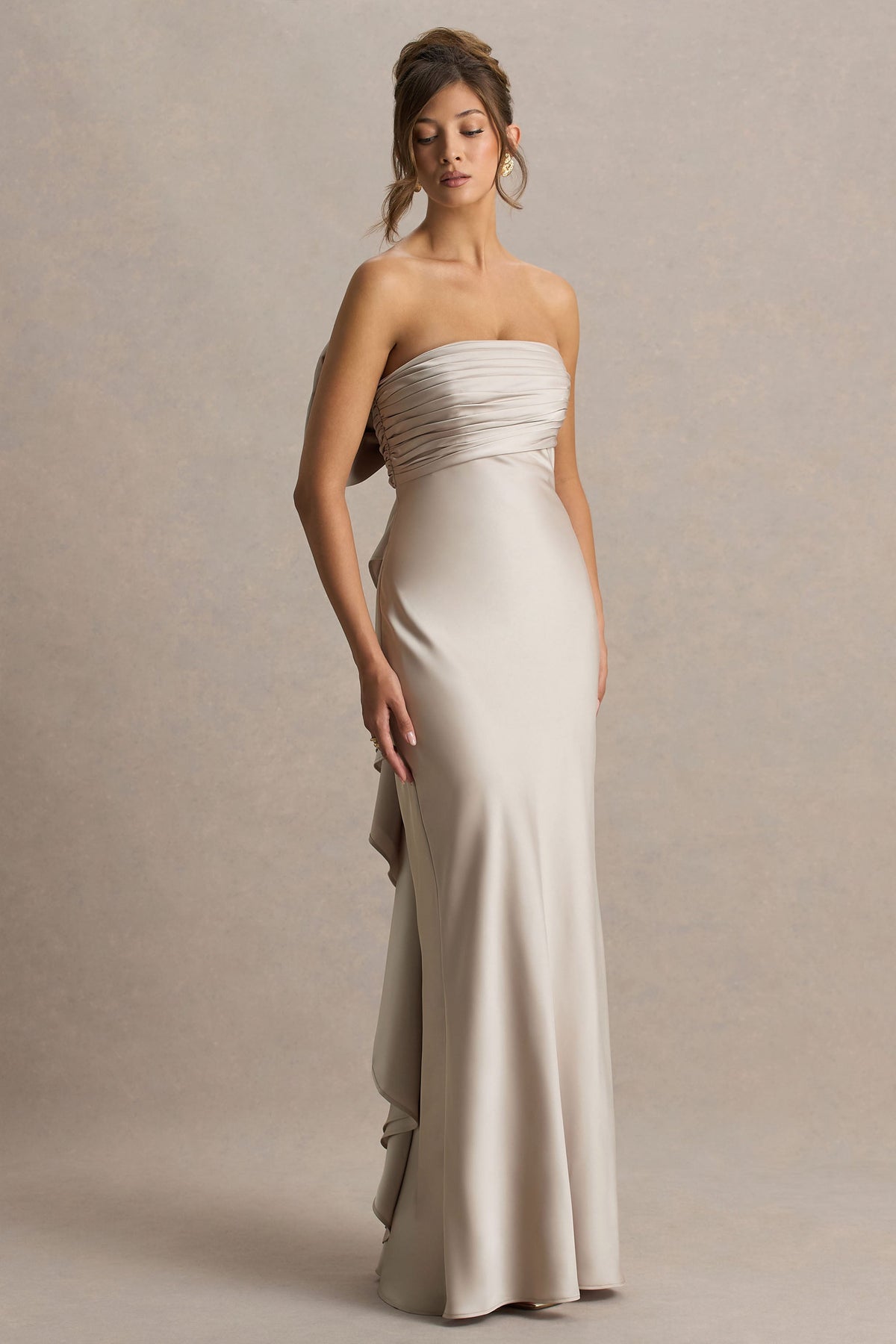Talulla | Champagne Satin Bandeau Maxi Dress With Ruffled Detail