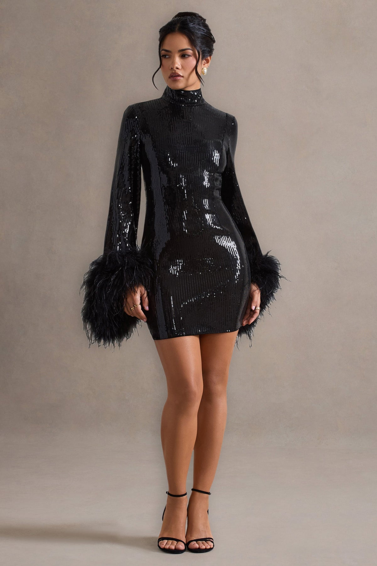 Cupid | Black Sequin High-Neck Mini Dress With Feather Cuffs
