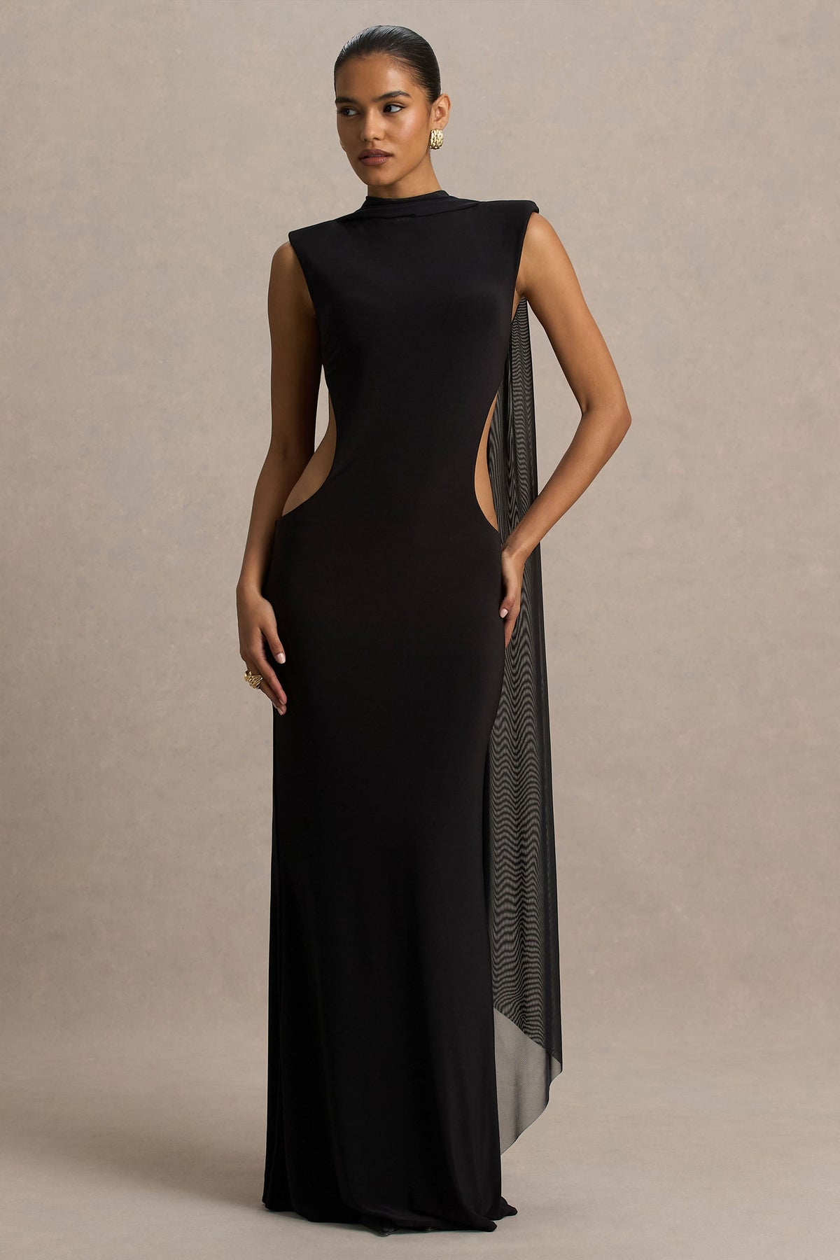 Katara | Black High-Neck Maxi Dress With Body Cut-Out Details
