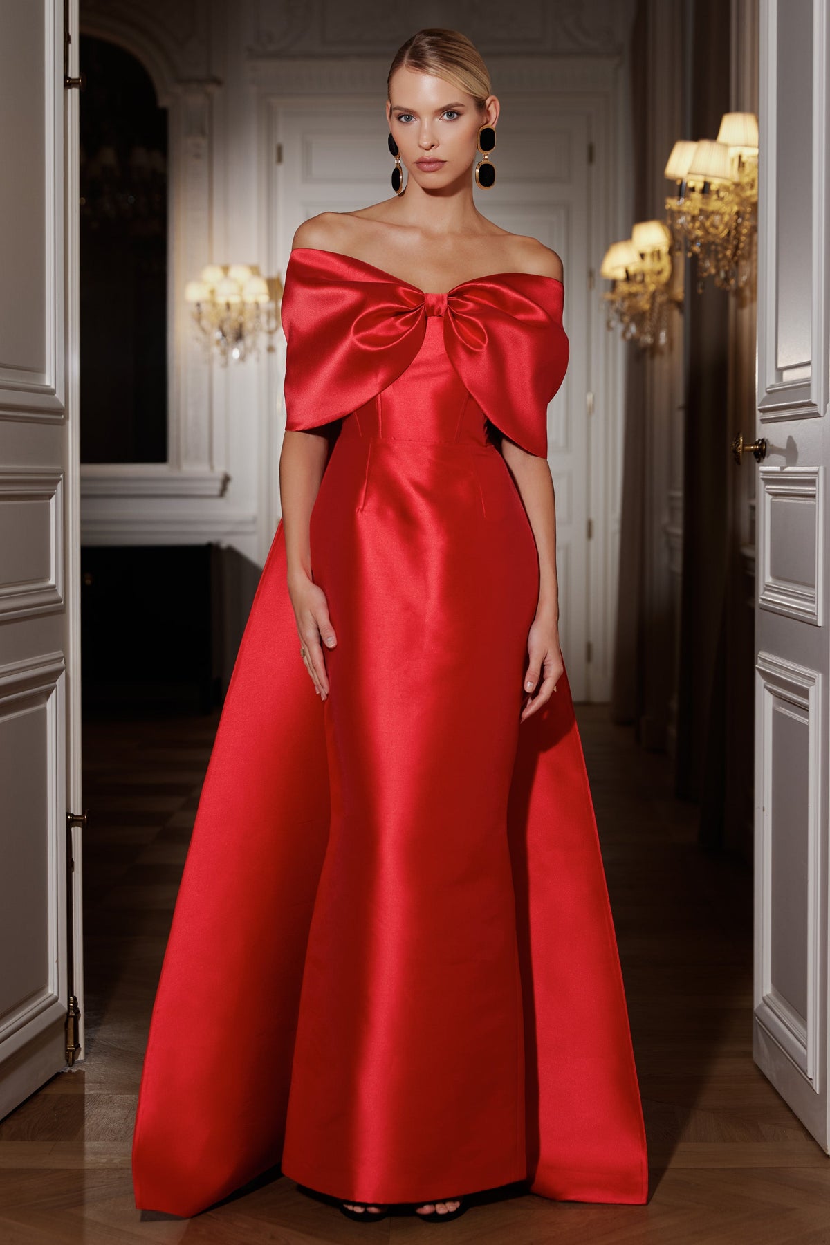 Wanting More | Red Satin Cape Maxi Dress With Oversized Bow