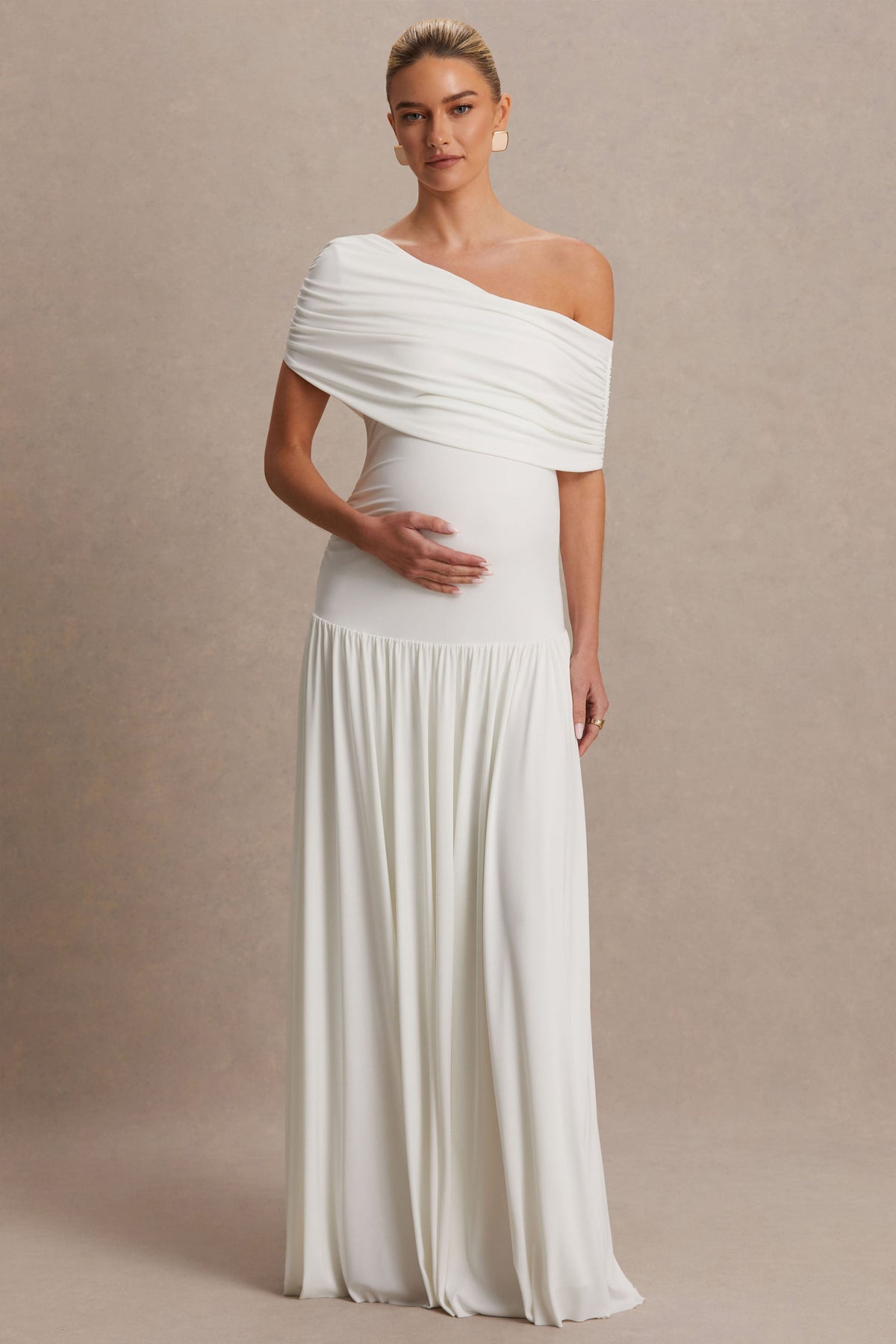 Noah | White Jersey Ruched One Shoulder Maternity A-Line Maxi Dress With Drop Waist