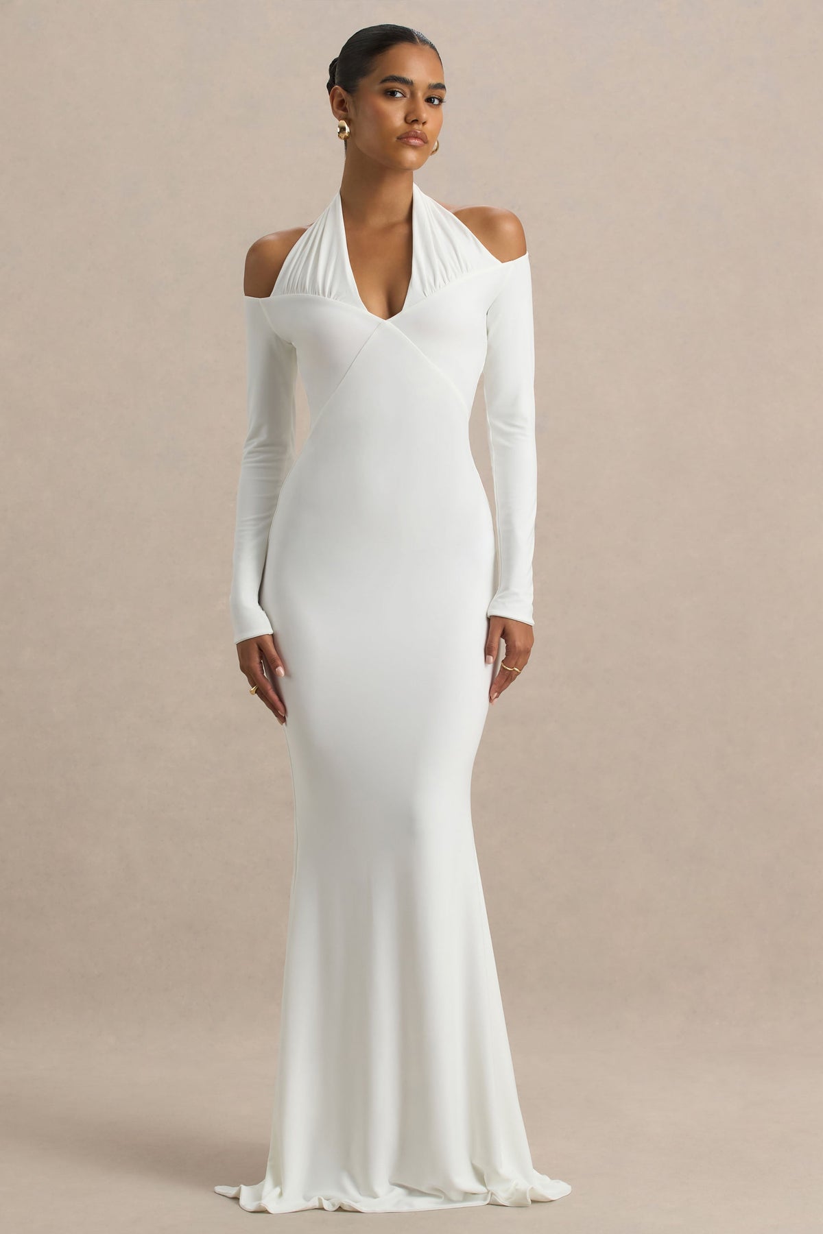 Living High | White Halter-Neck Maxi Dress With Long Sleeves