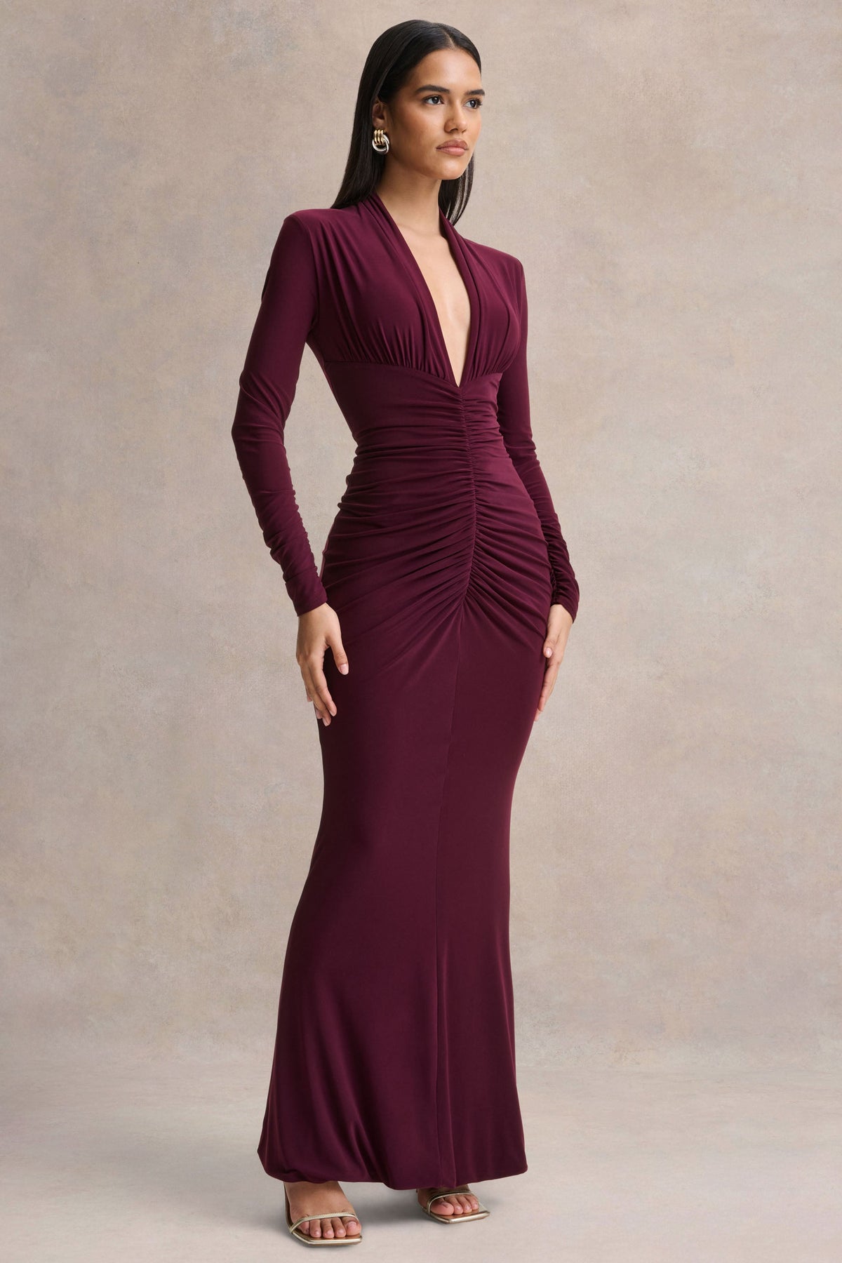 Tami | Plum Plunge-Neck Long Sleeve Maxi Dress