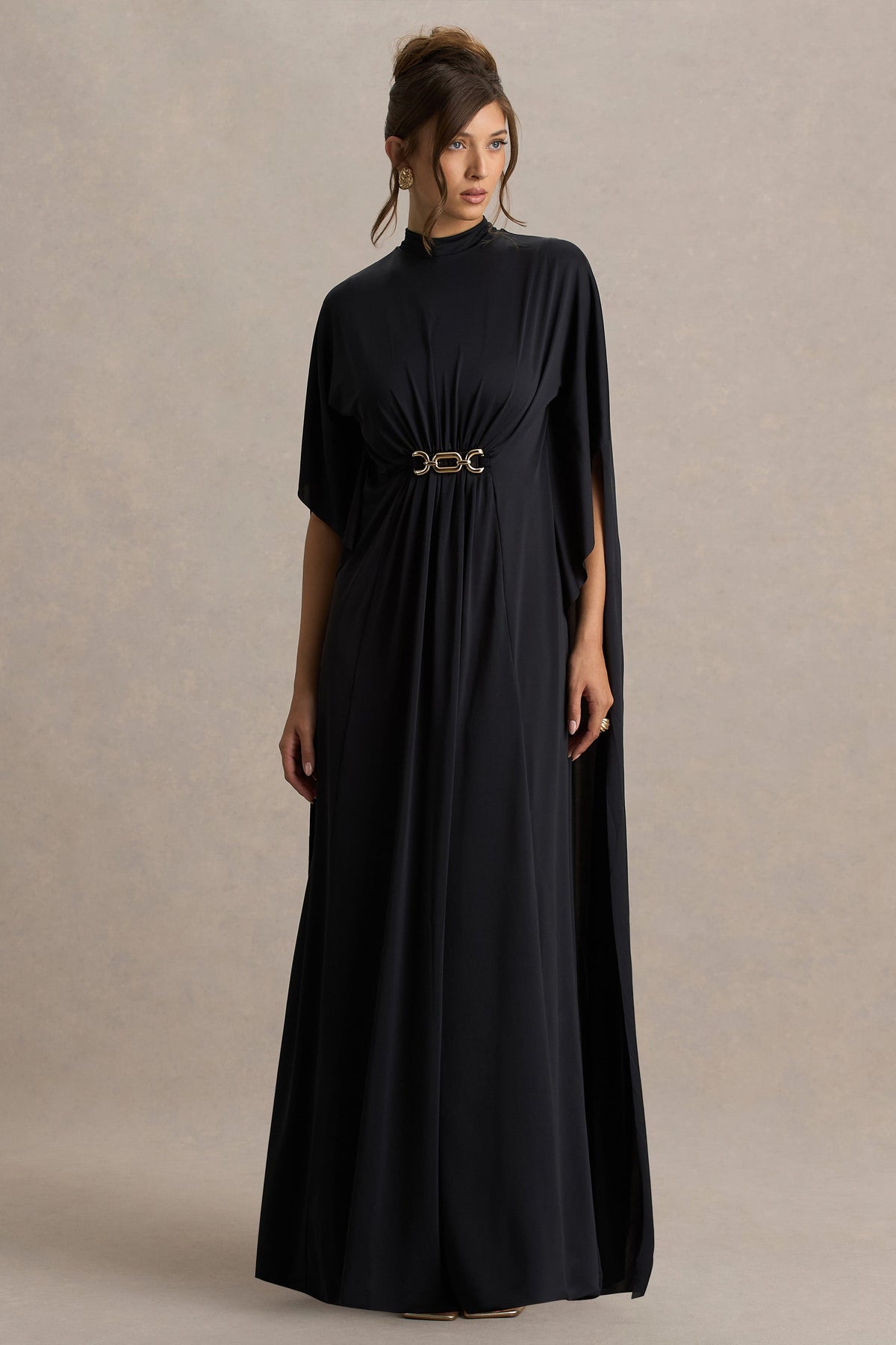 Olessia | Black Belted Gathered Cape-Sleeve Maxi Dress