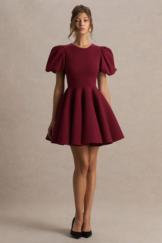 Emelia | Burgundy Puff-Sleeve Skater Mini Dress