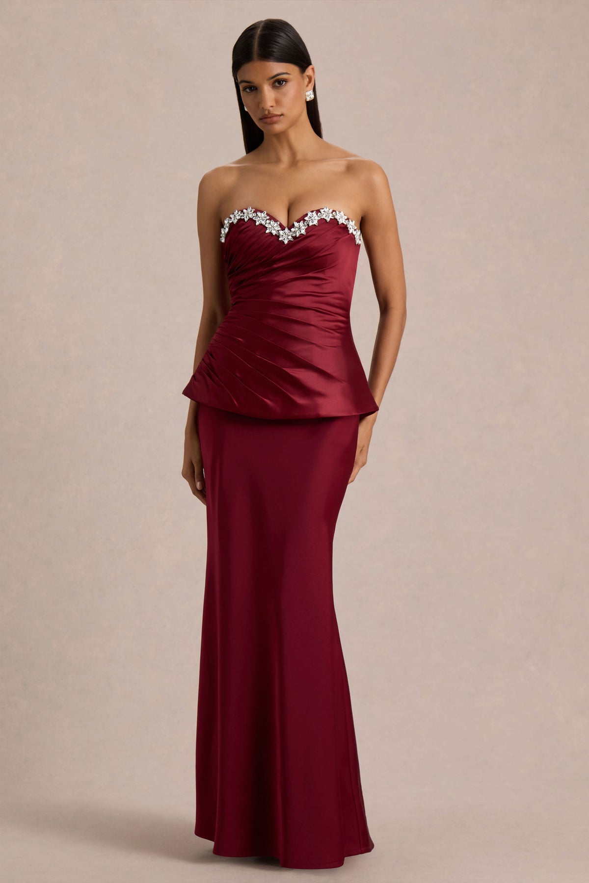Milia | Burgundy Satin Hand-Embellished Strapless Corset Maxi Dress