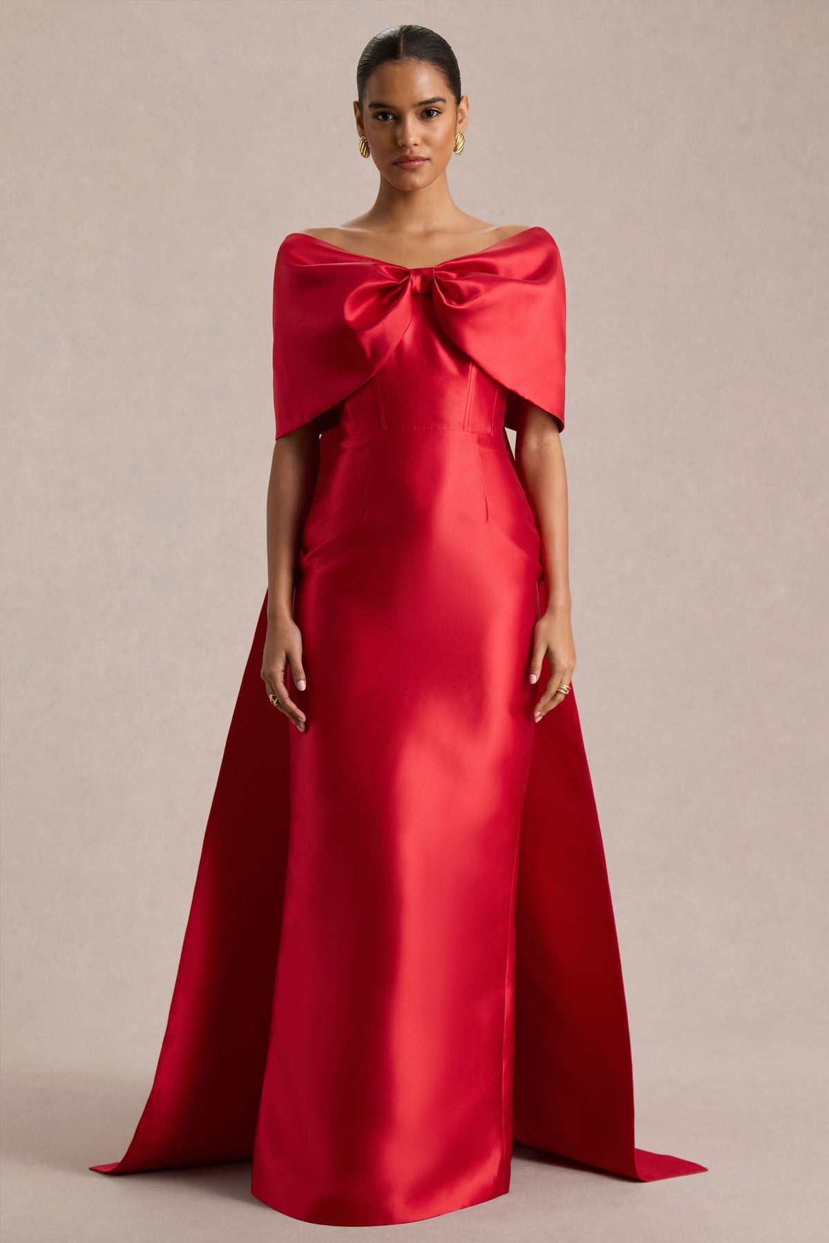 Wanting More | Red Satin Cape Maxi Dress With Oversized Bow