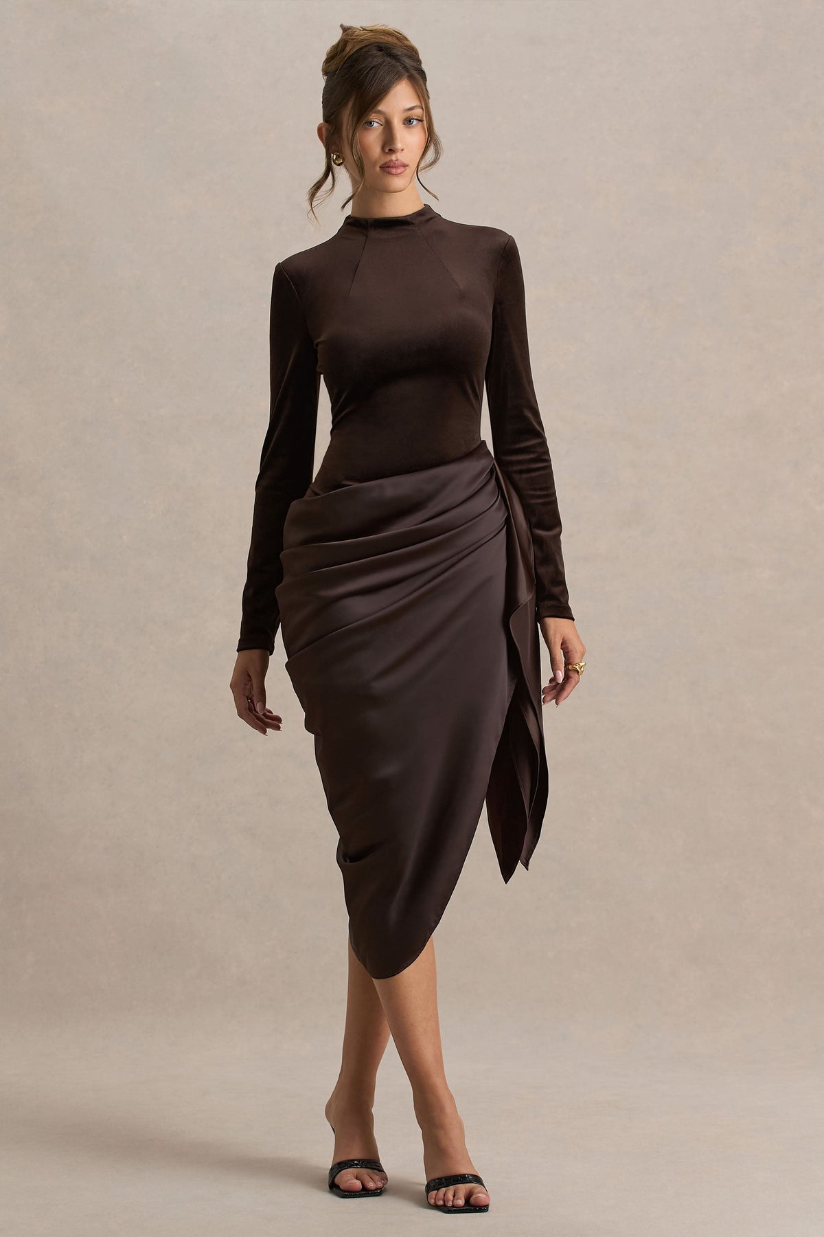 Sasha | Brown Satin And Velvet Midi Dress With Wrap-Detail