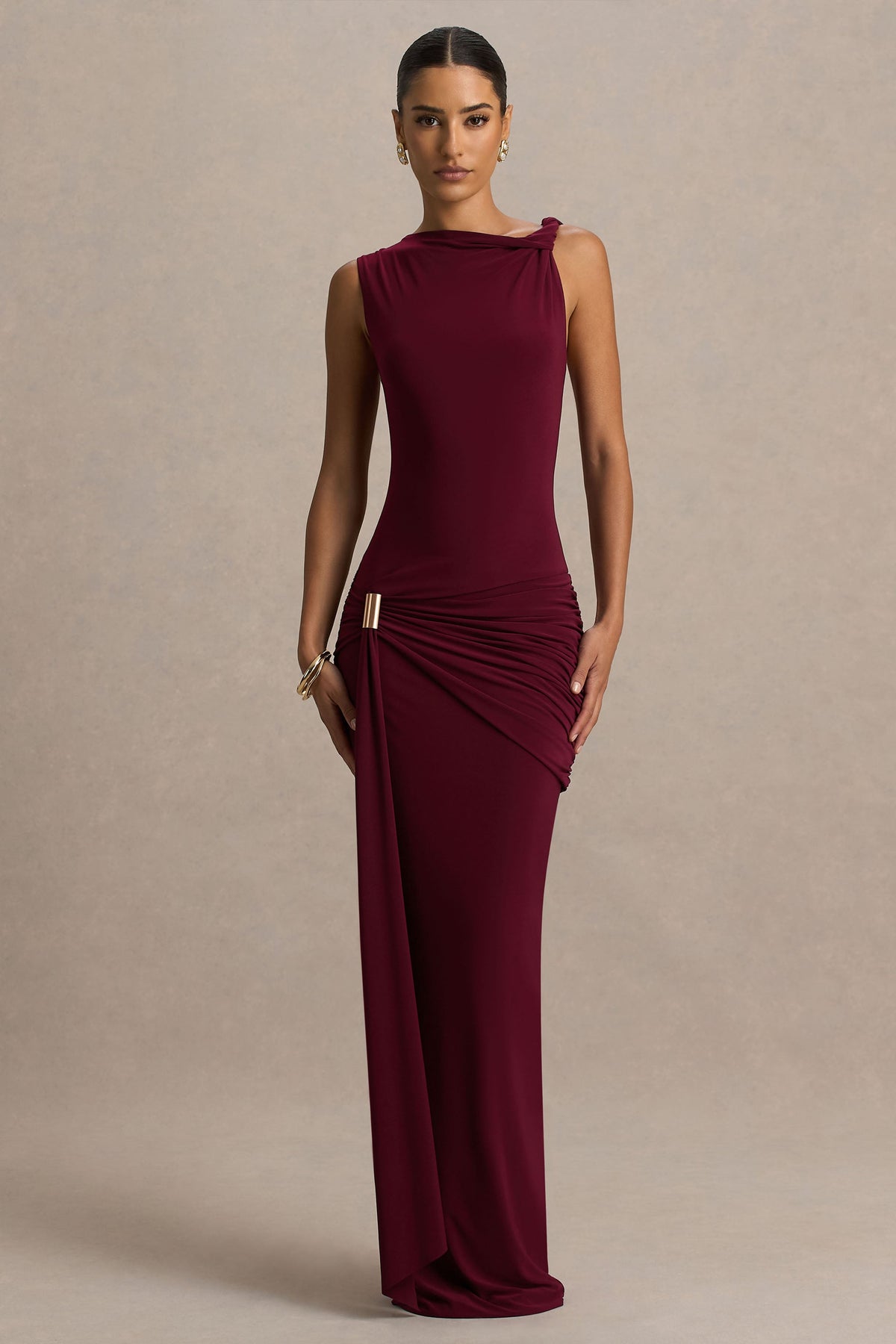 Decadence | Burgundy High-Neck Wrapped Maxi Dress With Twist-Sleeve