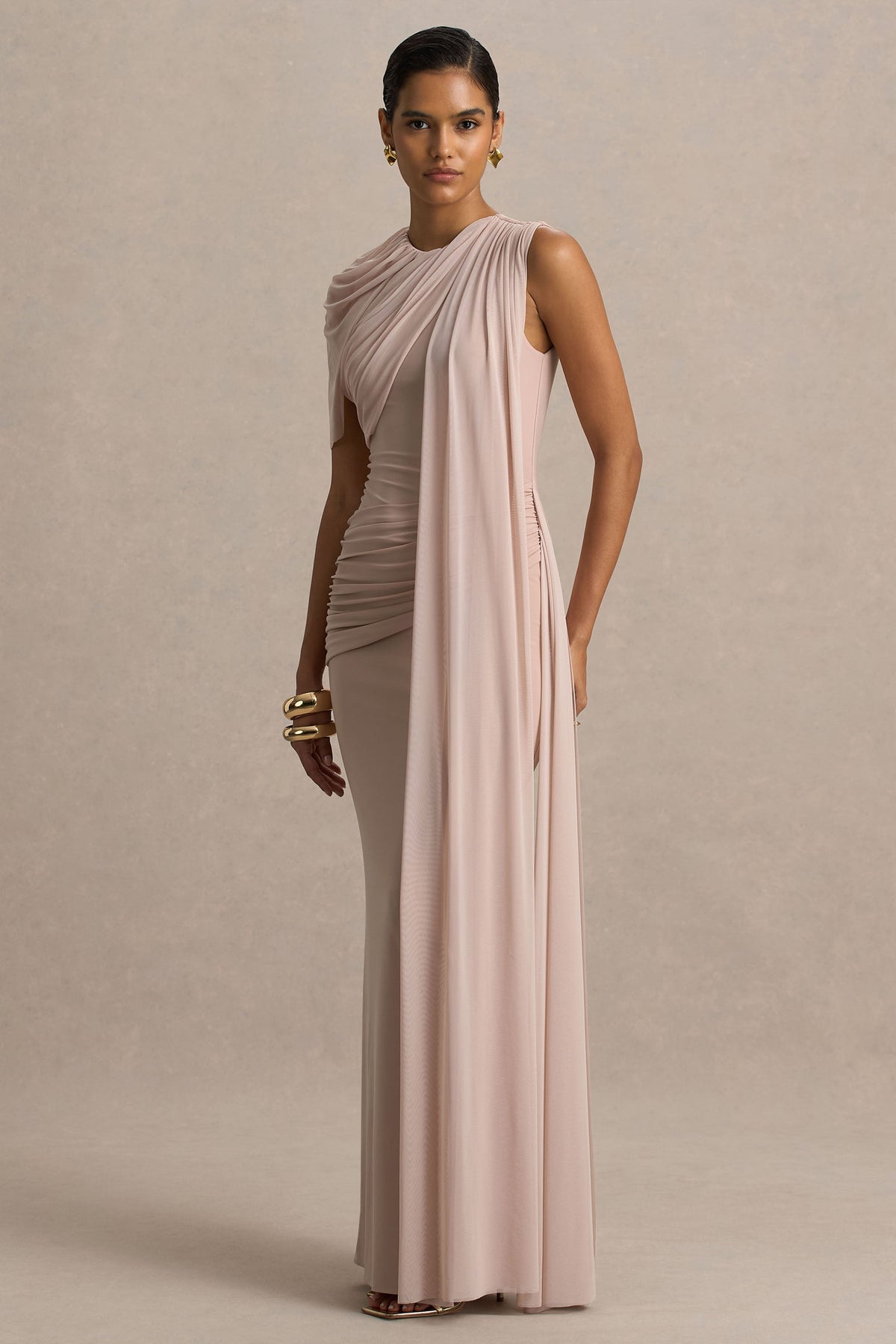 Brenda | Champagne Crew-Neck Maxi Dress With Mesh Cape And Sash