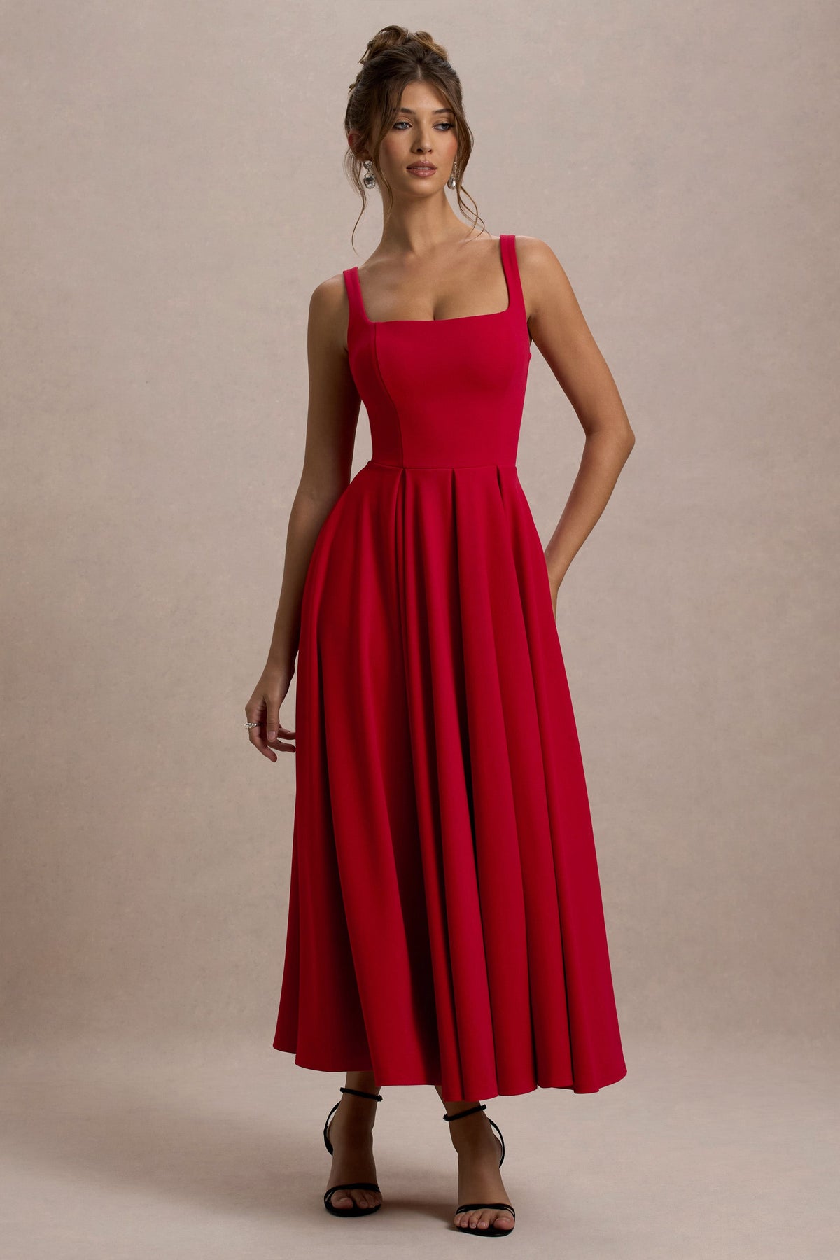 Parina | Red Scuba Square Neck A-Line Midi Dress