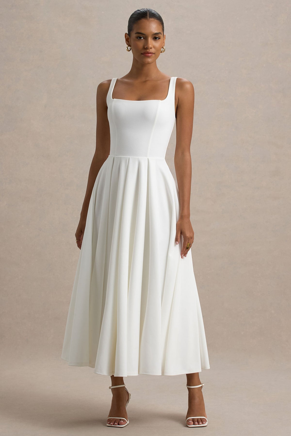 Parina | White Scuba Square Neck A-Line Midi Dress