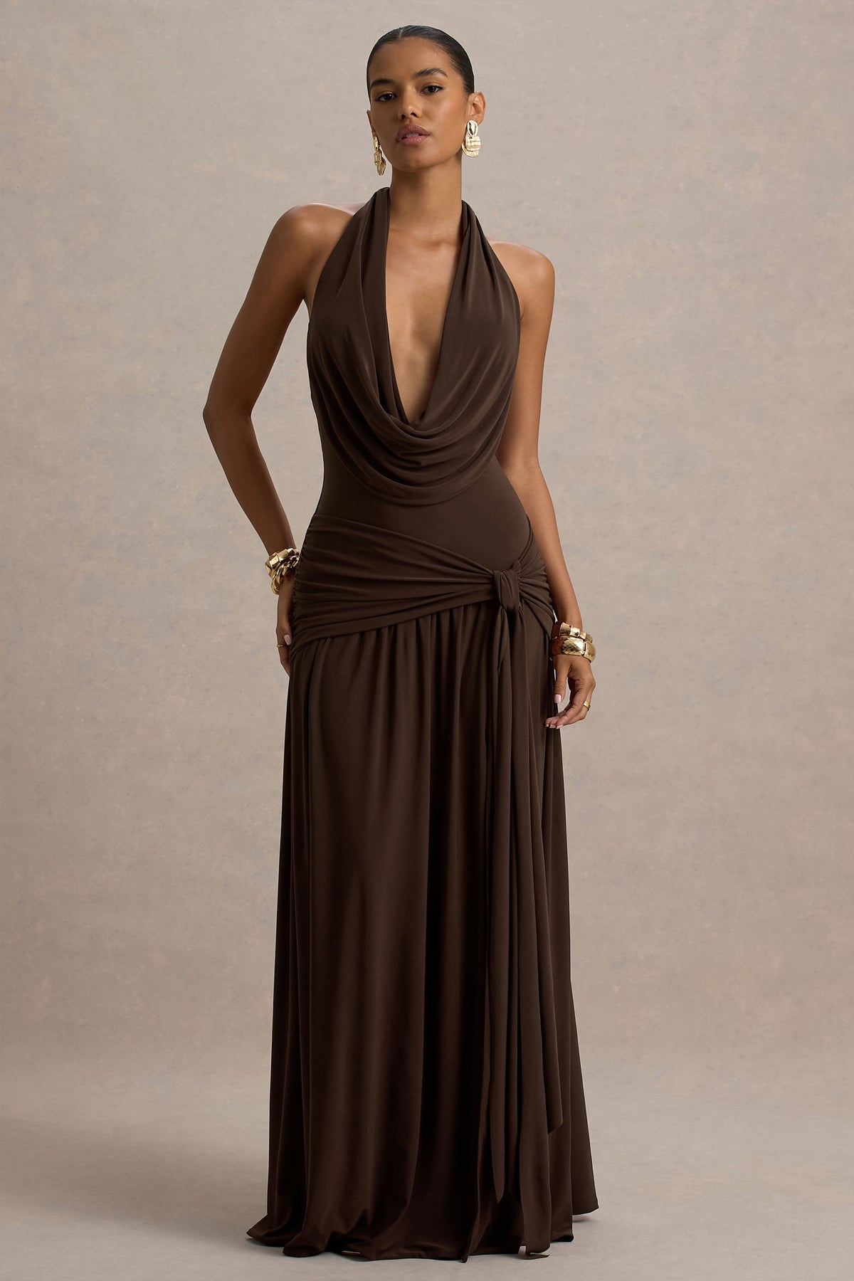 Mist | Brown Plunge-Neck Maxi Dress With Knot-Detail And Open-Back