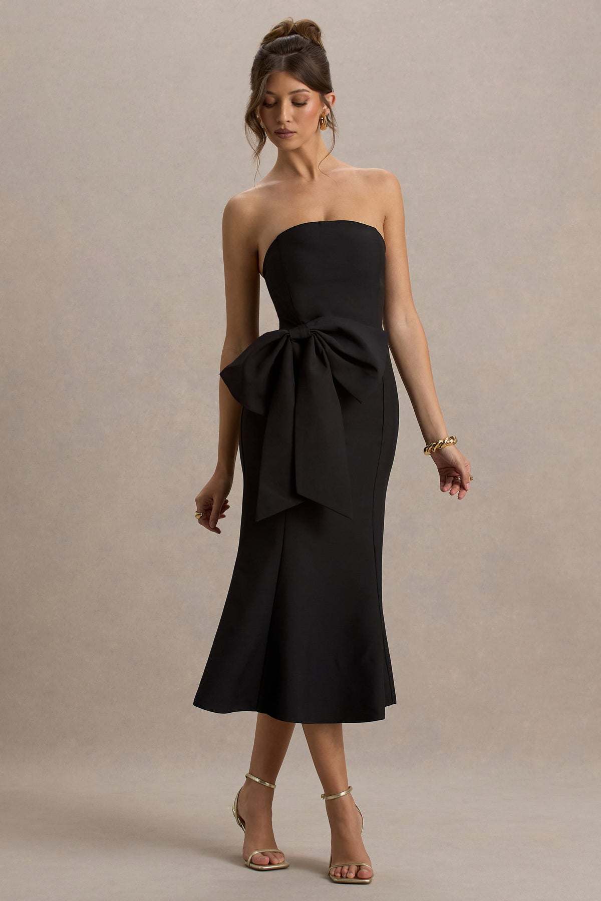 To Me | Black Bandeau Midi Dress With Oversized Bow