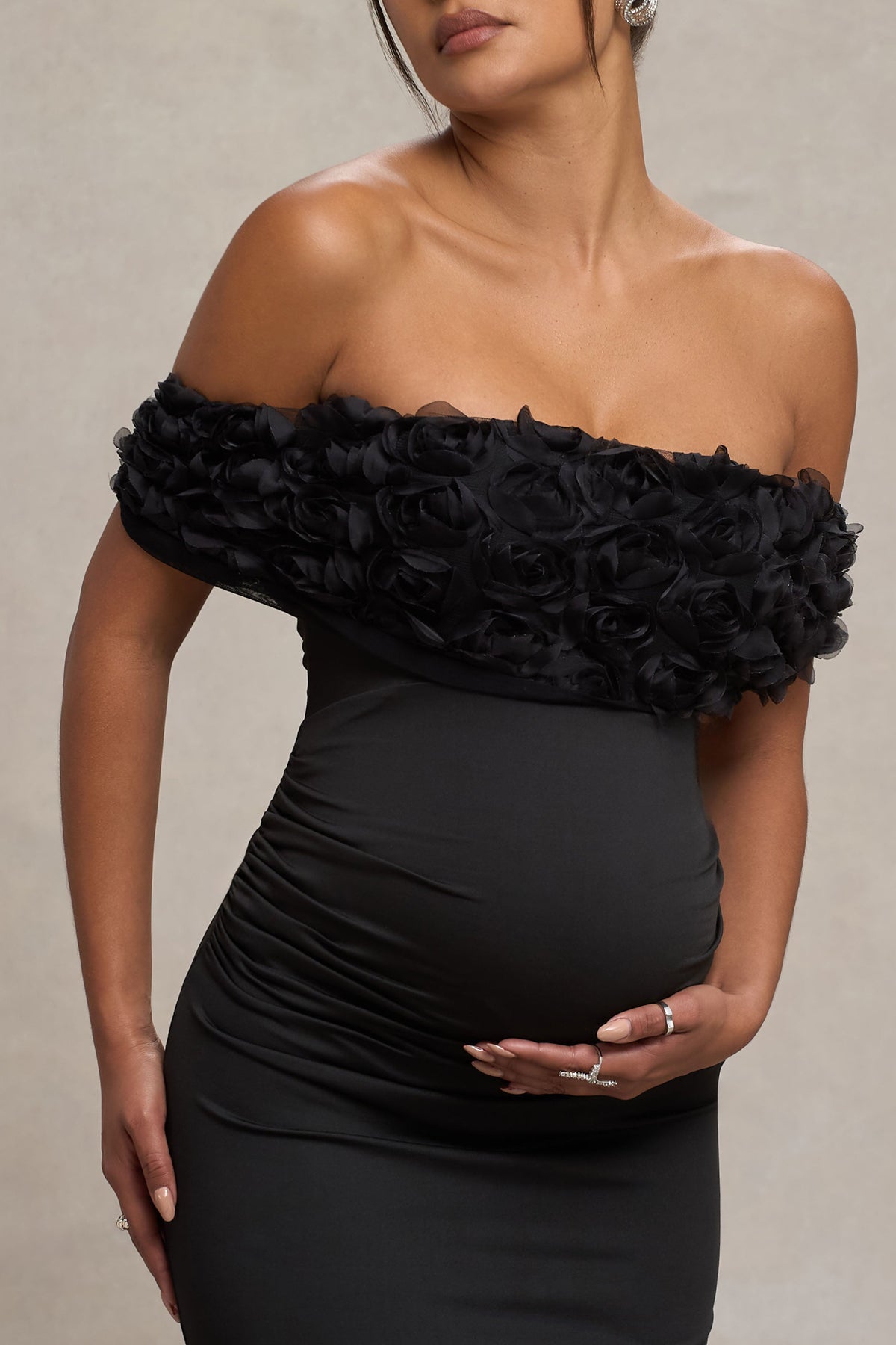 Inflorescence | Black Mesh Floral Bardot Maternity Maxi Dress