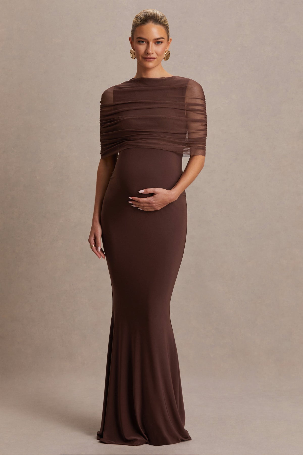 Zaria | Brown Crew-Neck Maternity Maxi Dress With Cape-Overlay