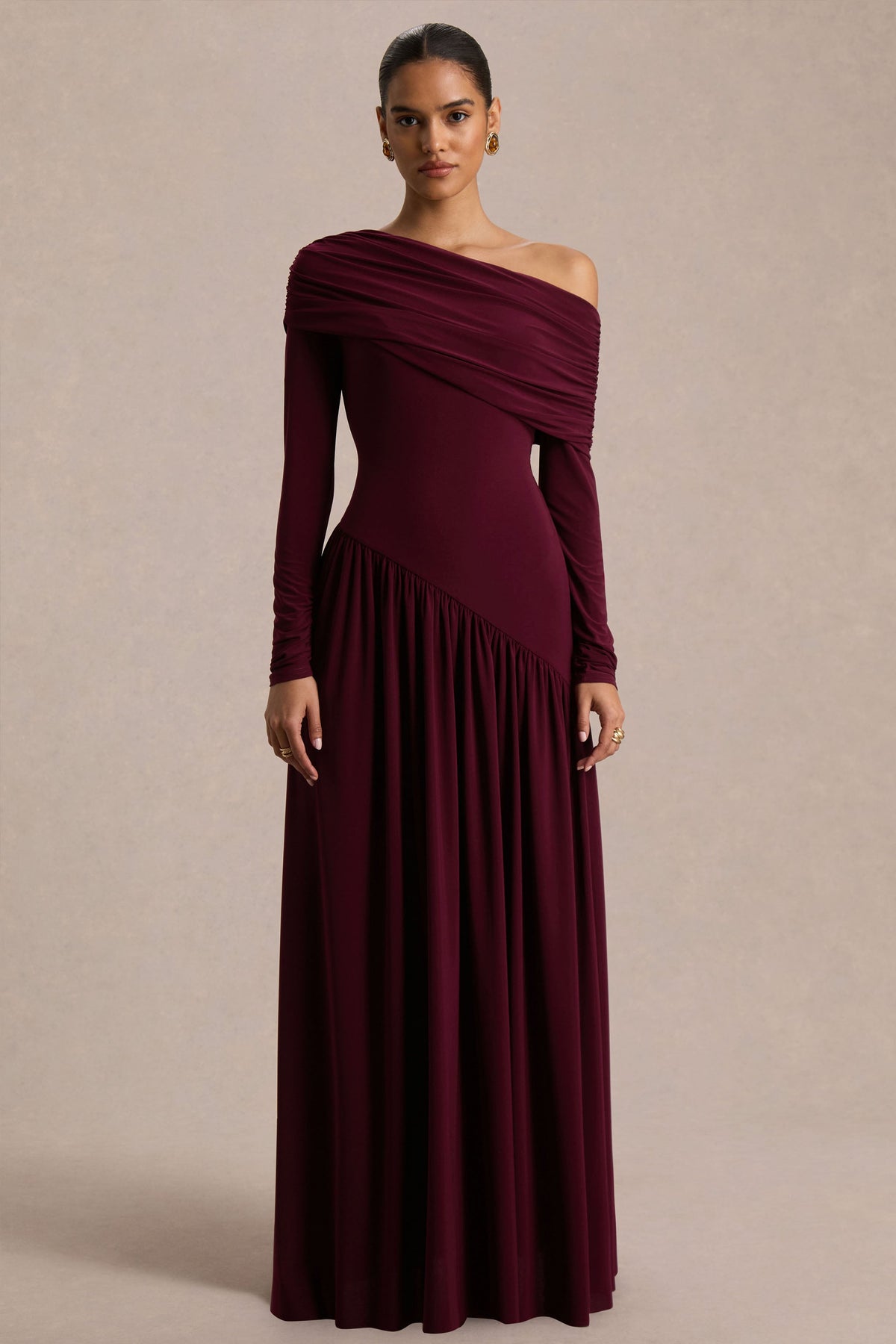 Farah | Burgundy Asymmetric-Neck Maxi Dress With Drop Waist And Ruched Detailing