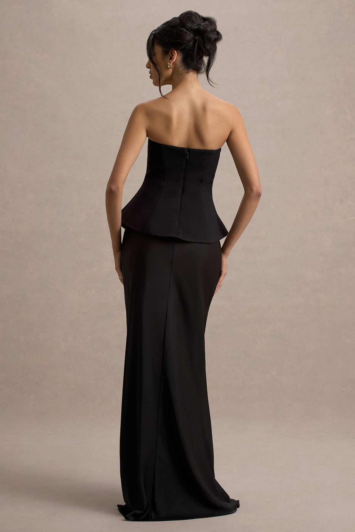 Ohio | Black Bandeau Maxi Dress With Satin Skirt And Corset