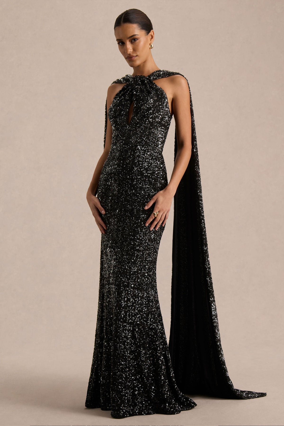 Renelle | Black Sequin Halter Neck Maxi Dress