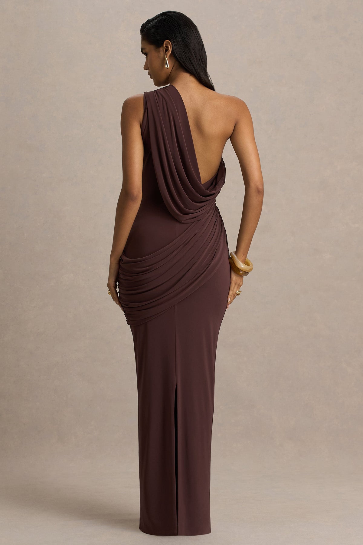 Elisa | Brown Asymmetric-Neck Maxi Dress With Open-Back And Ruched Detailing
