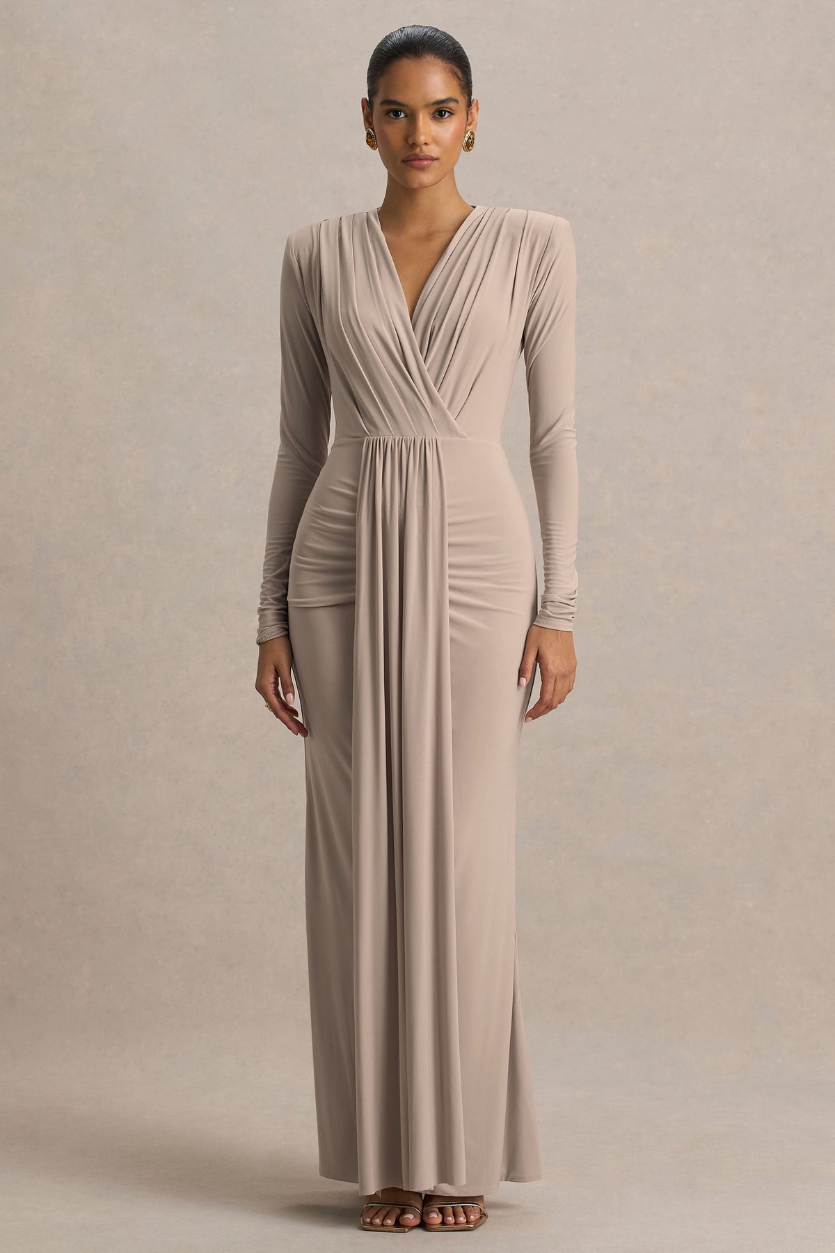 Flashy | Champagne Plunge-Neck Maxi Dress With Ruched Detailing