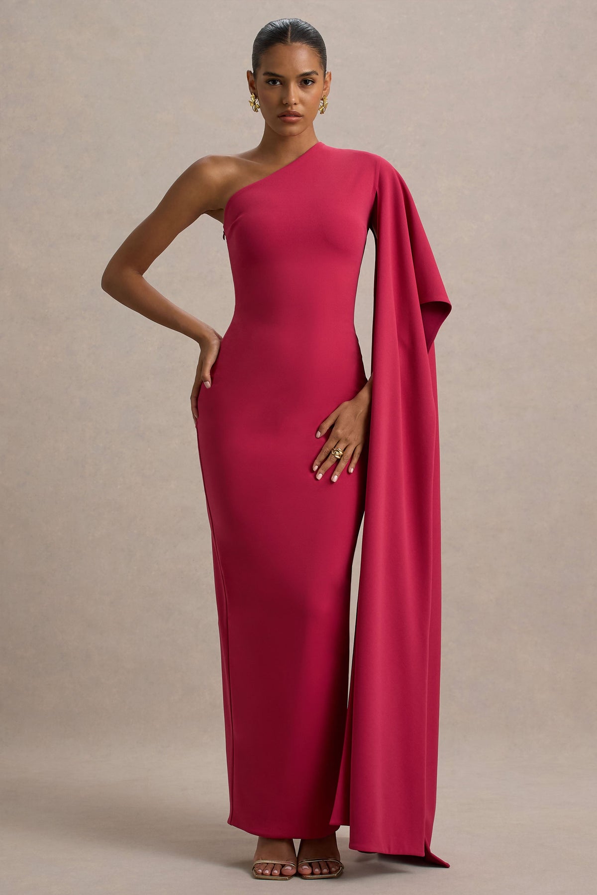 Lily | Hot Pink & Burgundy Asymmetric Maxi Dress With Cape Sleeve