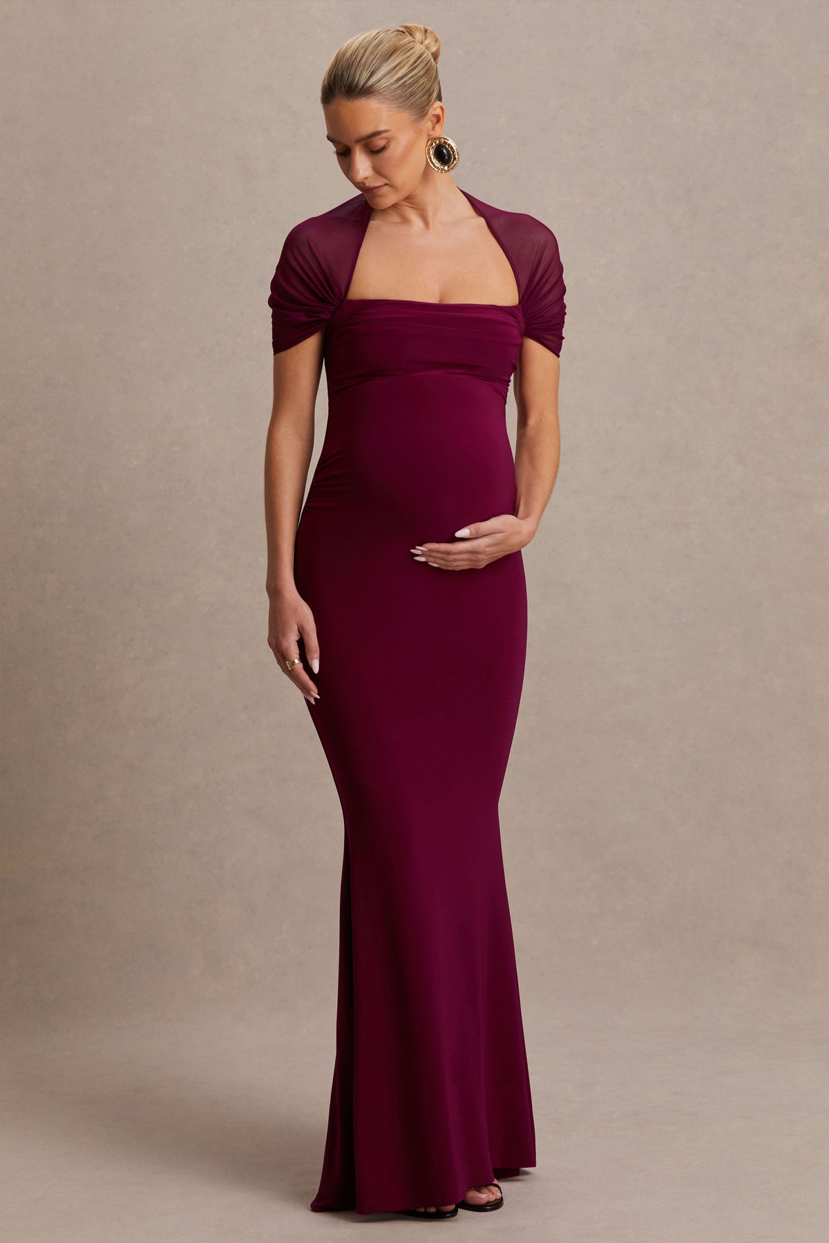 Dome | Burgundy Square-Neck Mesh-Sleeve Maternity Maxi Dress