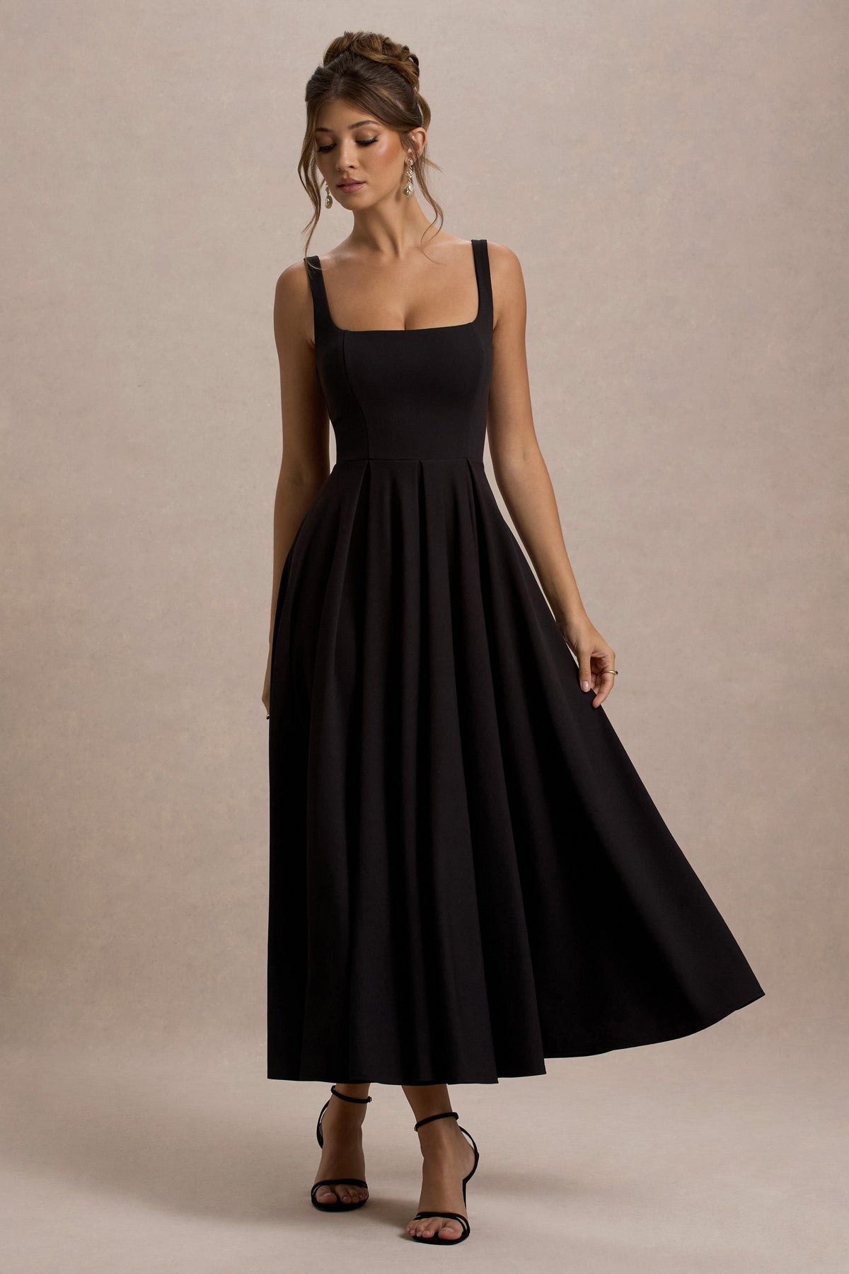 Parina | Black Scuba Square Neck A-Line Midi Dress