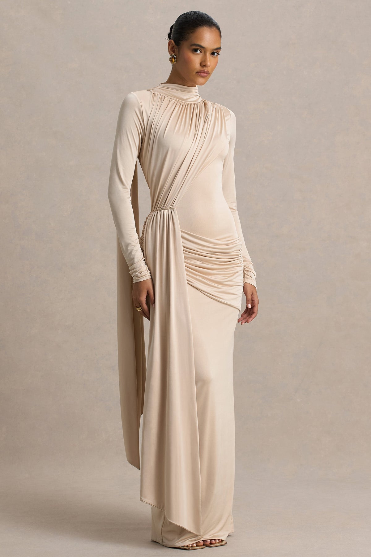 Romi | Champagne High-Neck Maxi Dress With Ruched Detailing