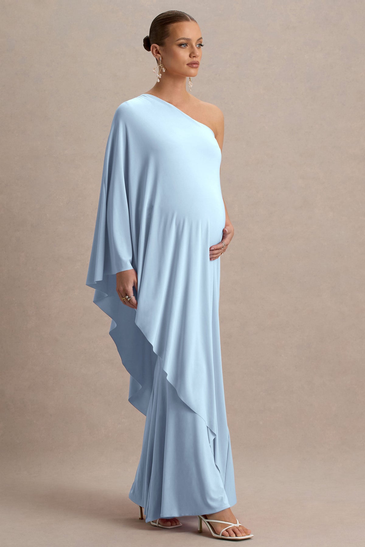 Waves | Powder Blue Asymmetric Maternity Maxi Dress With One-Sleeve Cape