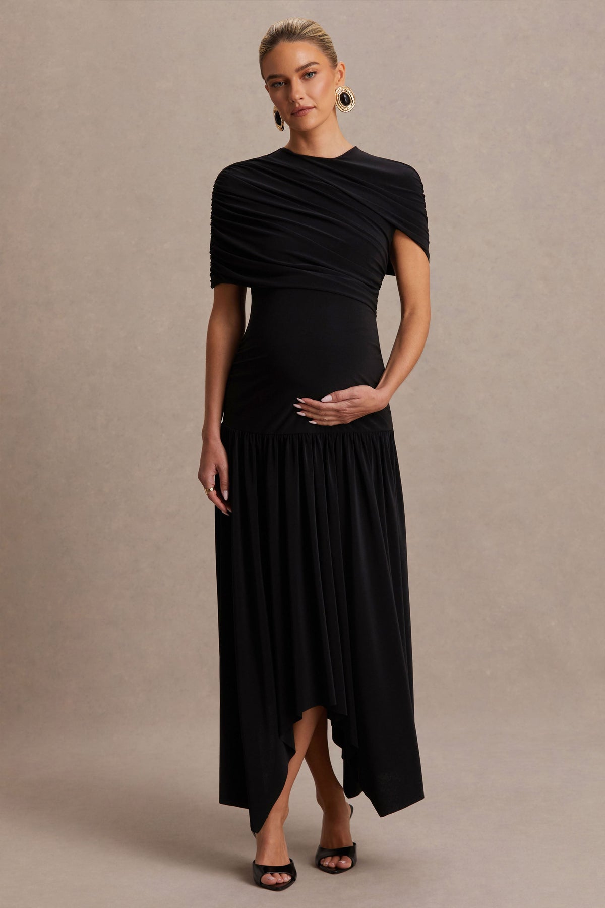 Eleni | Black Crew-Neck Maternity Maxi Dress With Cape-Sleeves And Drop Waist
