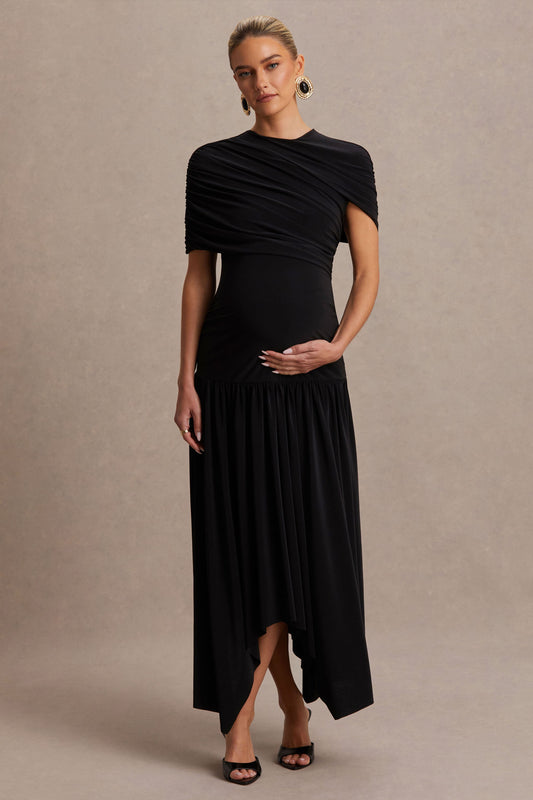 Eleni | Black Crew-Neck Maternity Maxi Dress With Cape-Sleeves And Drop Waist