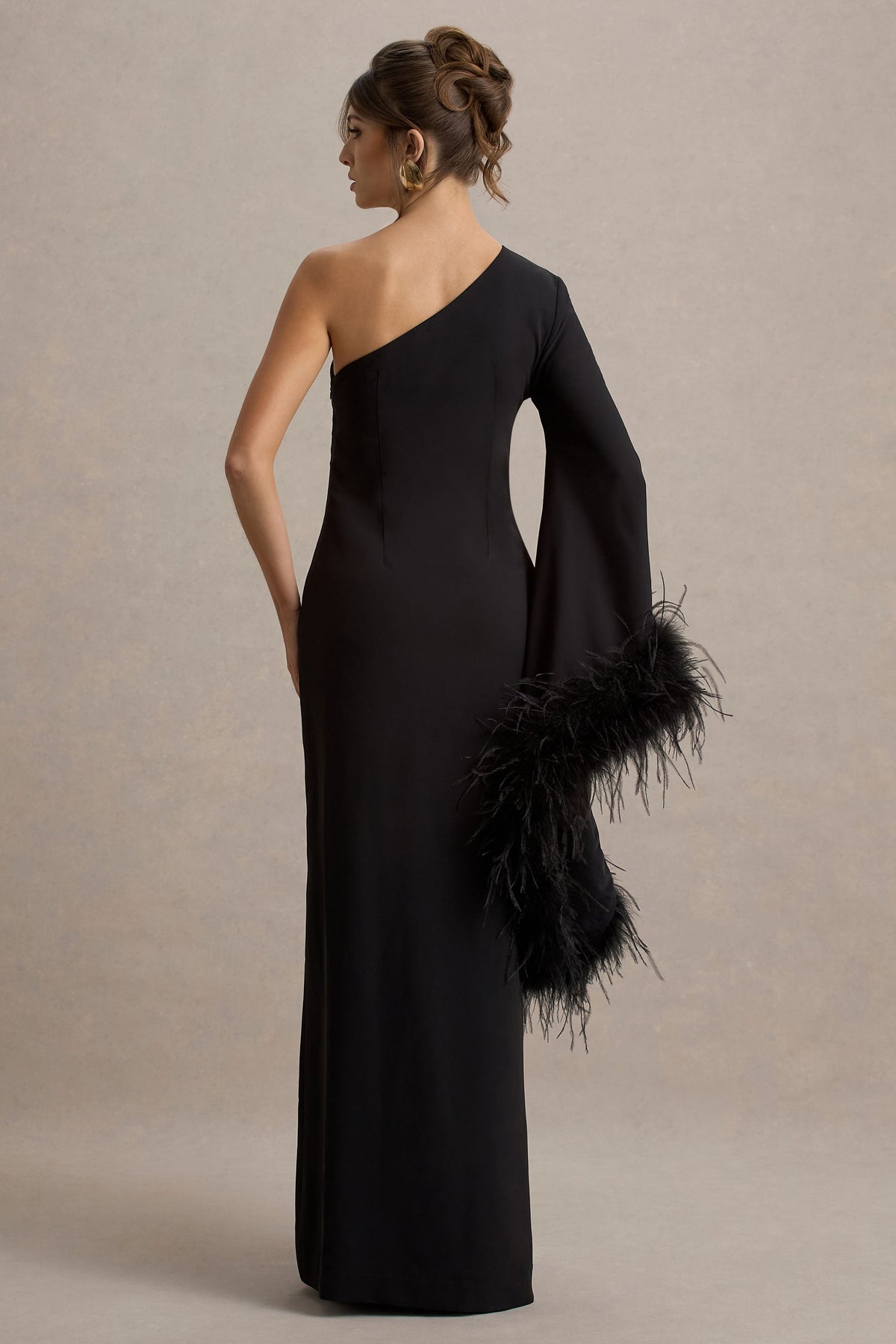 Armina | Black One-Shoulder Feather-Trim Maxi Dress