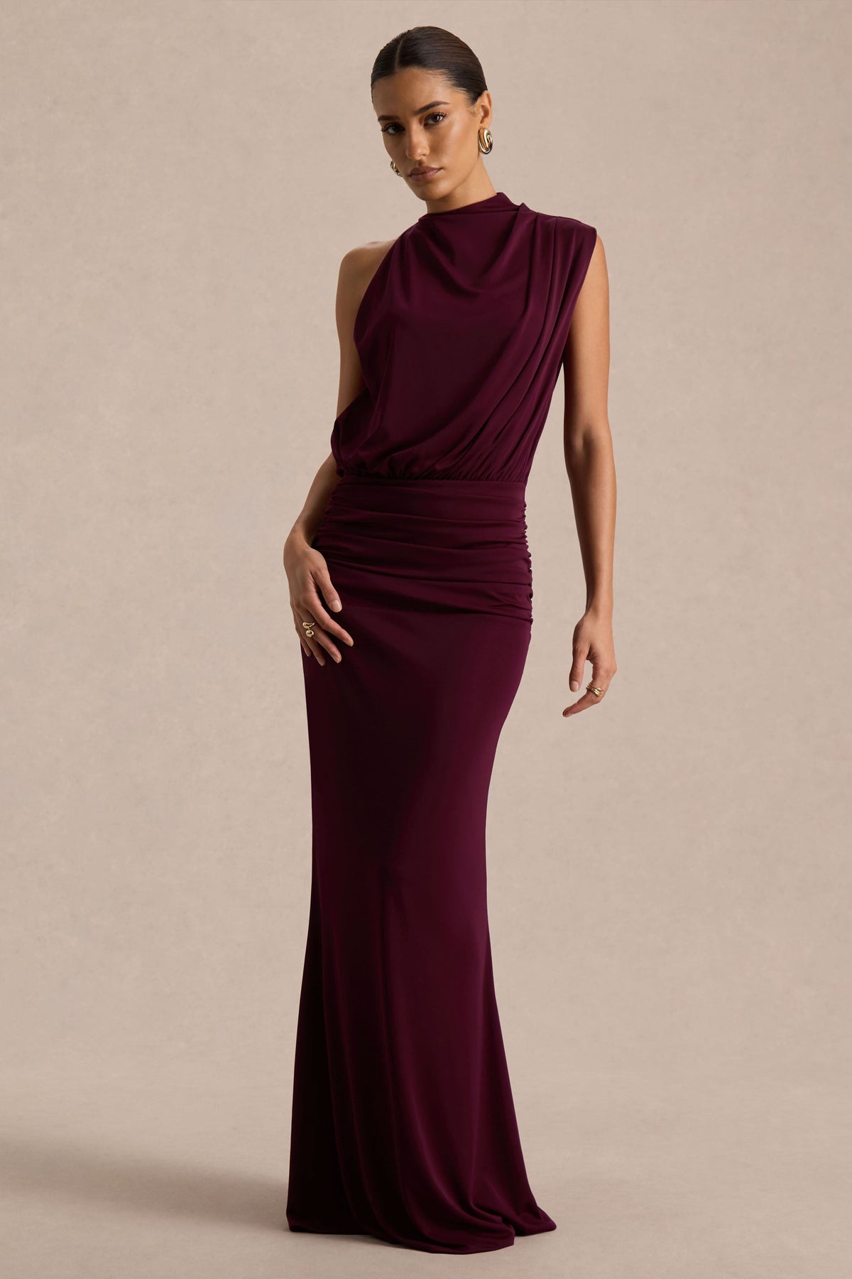 Umaira | Burgundy Ruched High Neck Maxi Dress With Draped Detailing