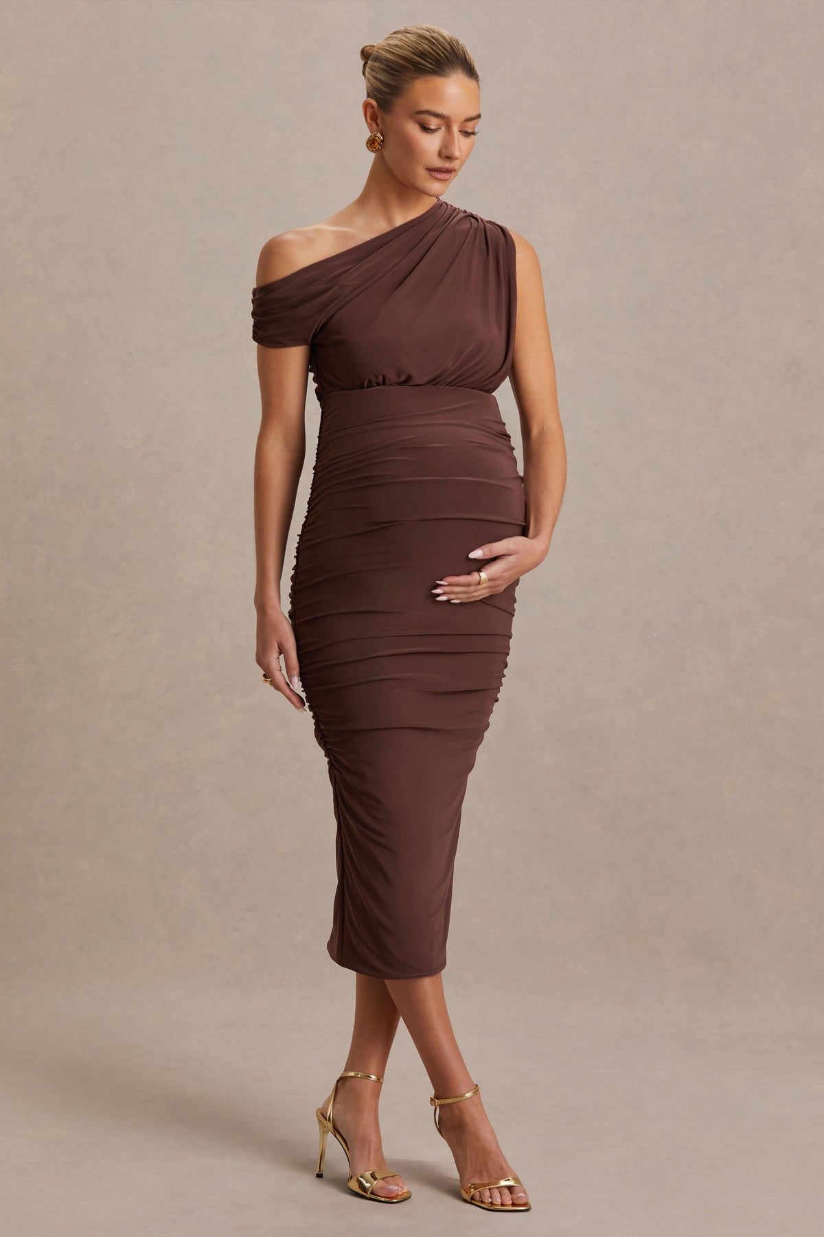 Linnea | Brown Asymmetric-Neck Maternity Midi Dress