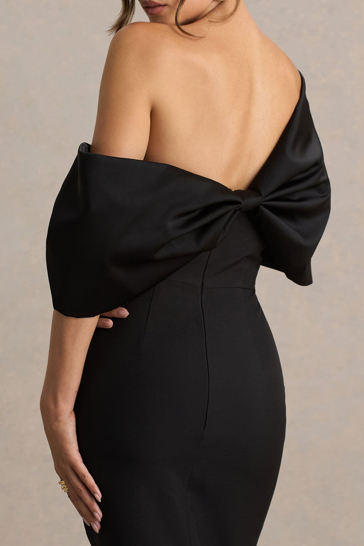 Lucille | Black Asymmetric Bardot Midi Dress With Bow Detail