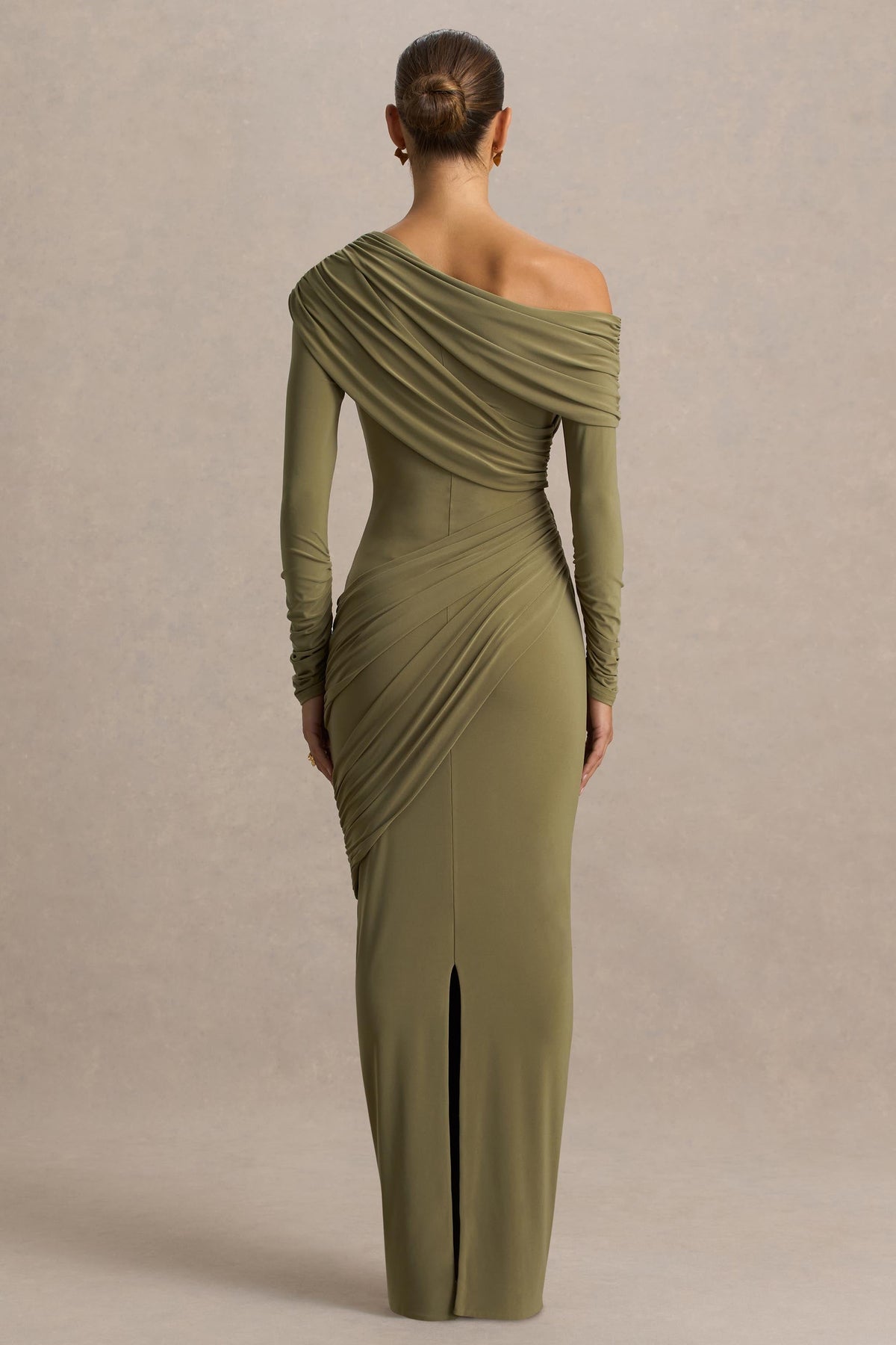 Perrie | Olive Asymmetric-Neck Maxi Dress With Ruched Detailing