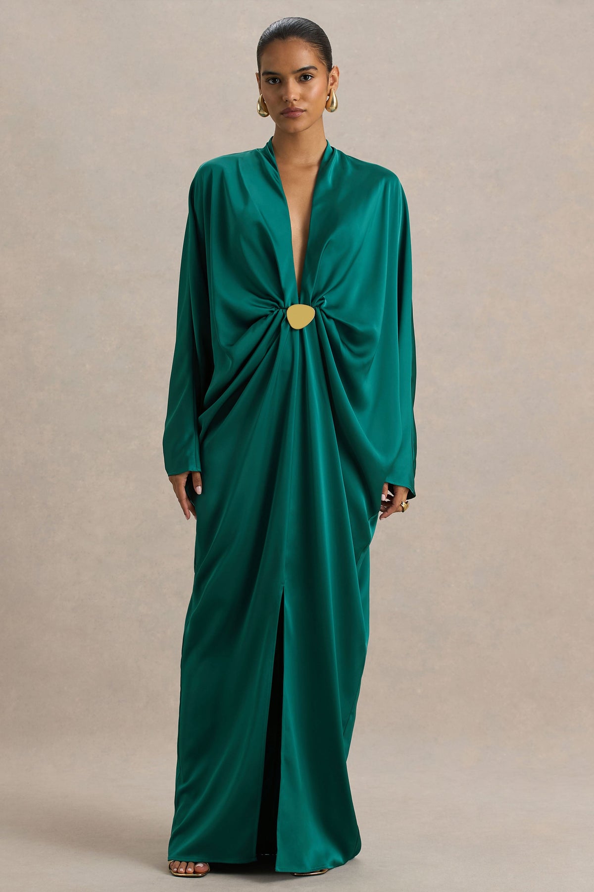 Tina | Dark Green Satin Plunge-Neck Embellished Maxi Dress