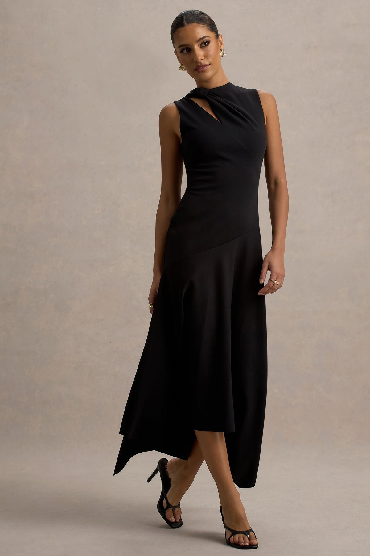 Francesca | Black Knotted Midi Dress With Handkerchief Hem
