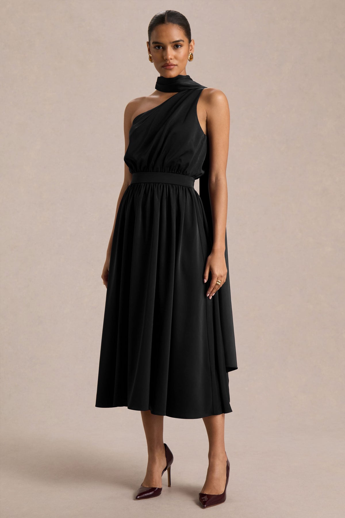 Caluna | Black Satin Asymmetric-Neck Midi Dress With Scarf-Detail