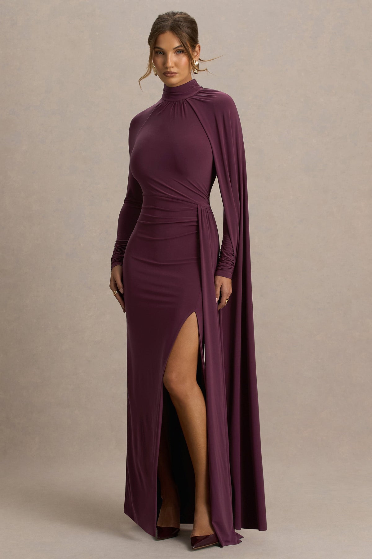 Anticipation | Burgundy High-Neck Maxi Dress With Front Split And Ruched Detailing