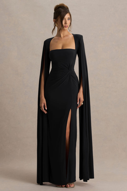 Claretta | Black Square Neck Twisted Maxi Dress With Cape Sleeves