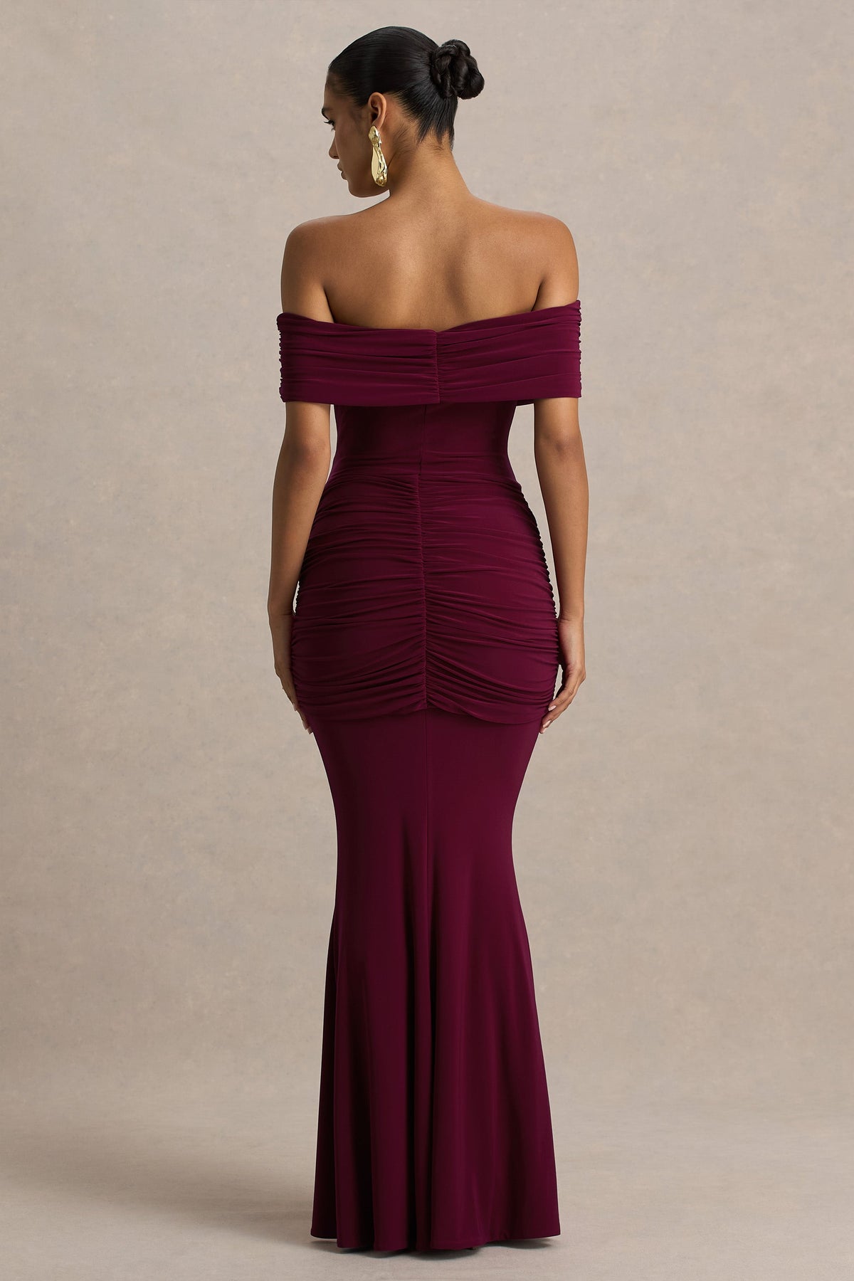 Envisioned | Burgundy Bardot-Neck Maxi Dress With Gathered And Drape Detail