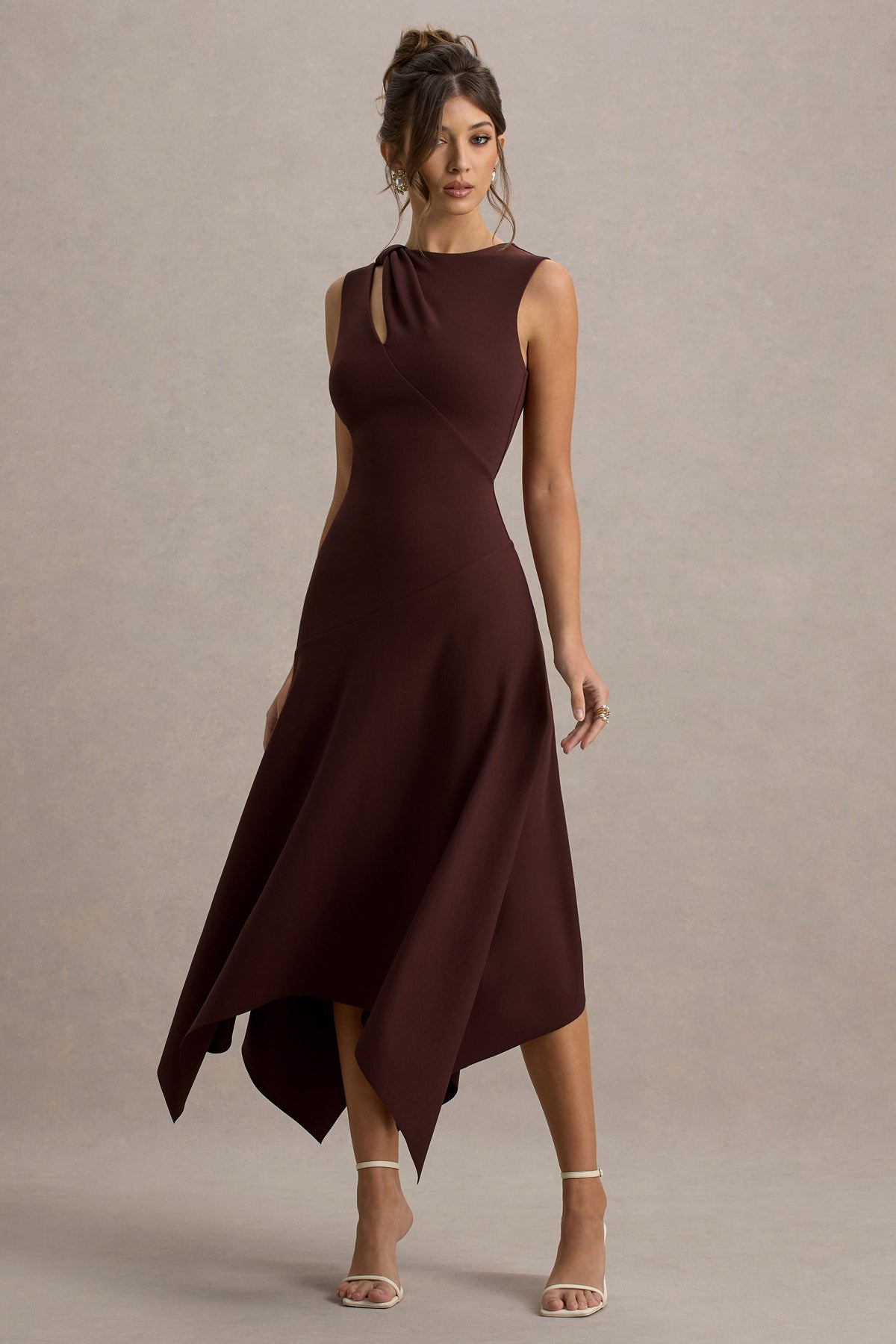 Francesca | Brown Knotted Midi Dress With Handkerchief Hem