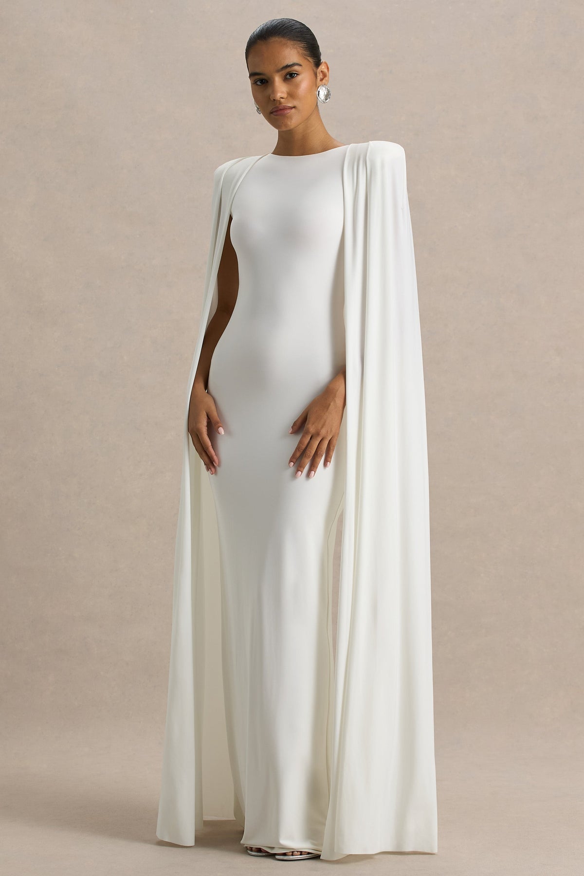 Mimi | White Jersey Round Neck Long Sleeve Maxi Dress With Cape